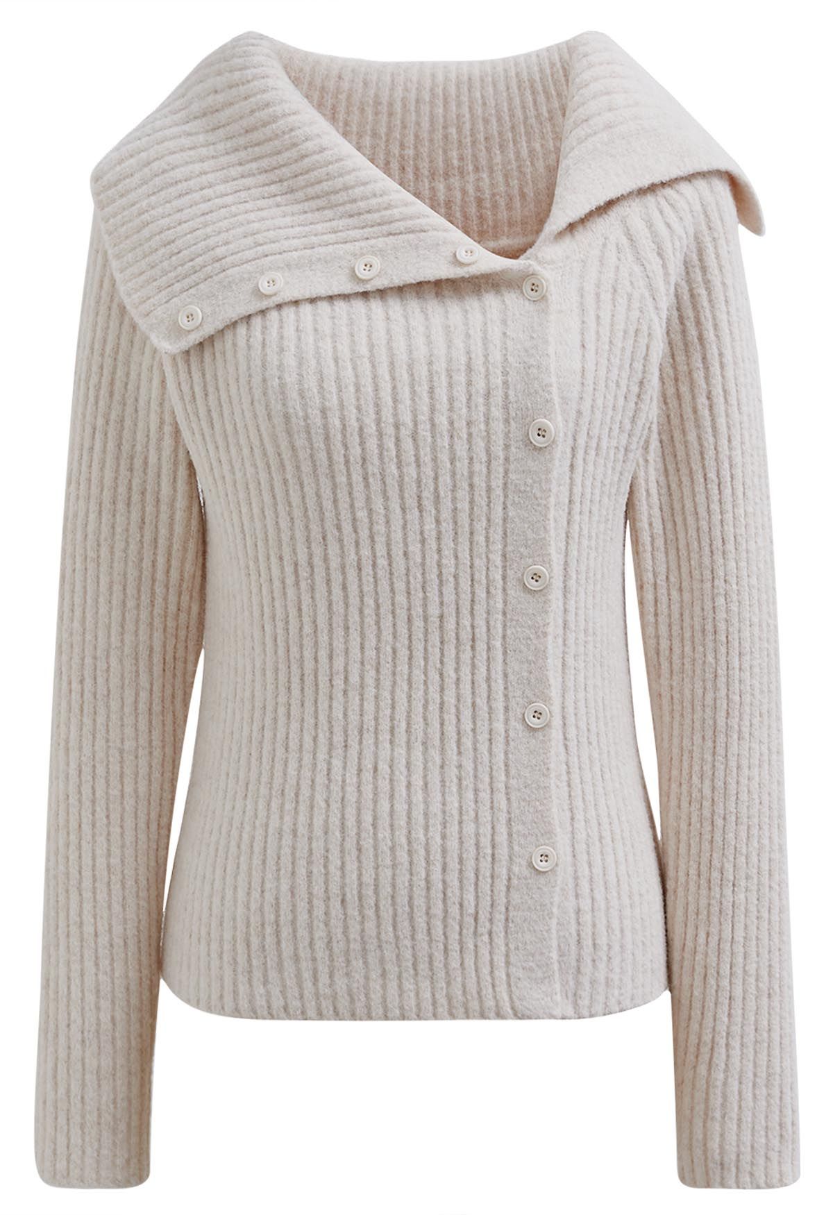 Flap Collar Side Button Down Ribbed Knit Top in Cream