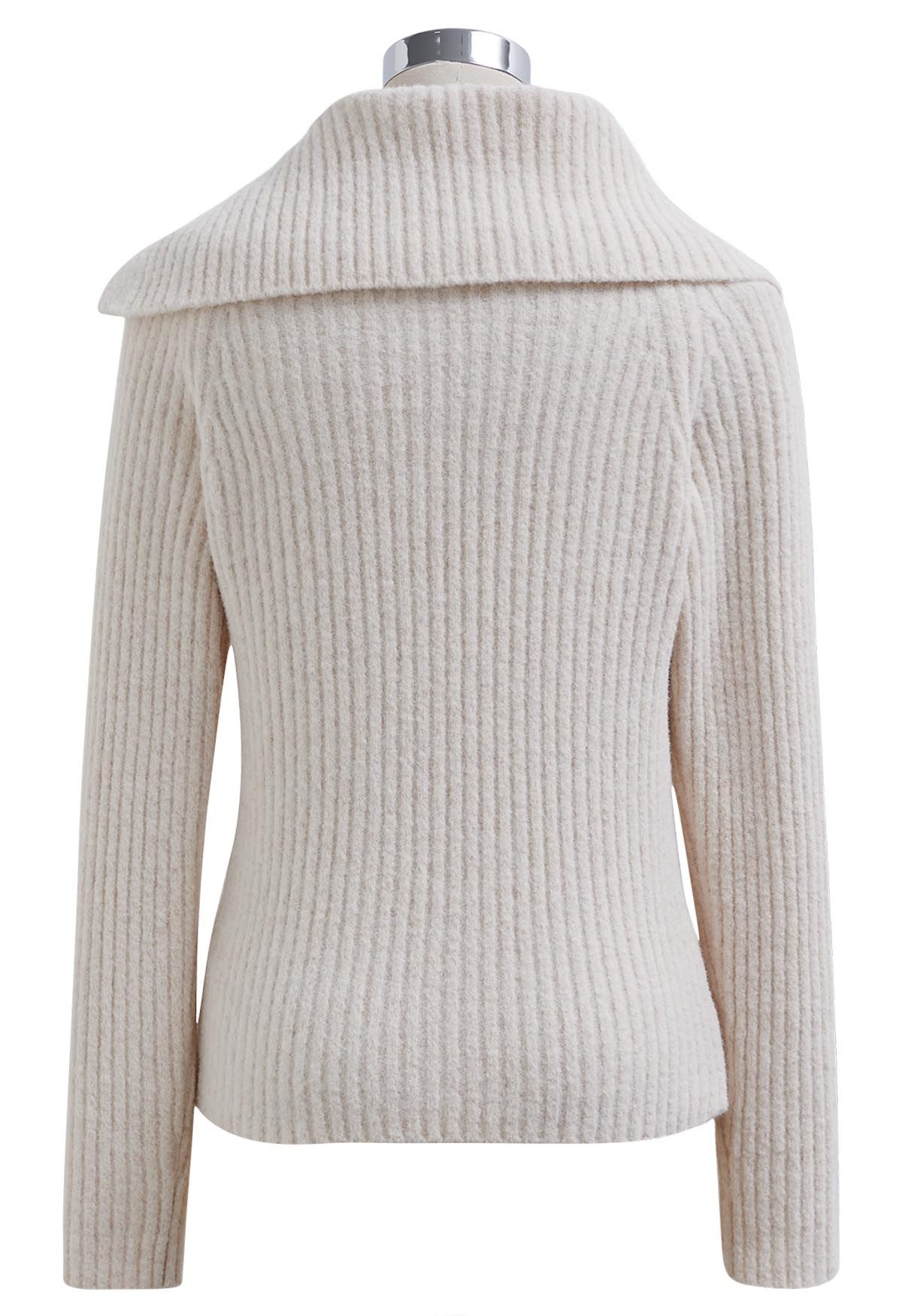 Flap Collar Side Button Down Ribbed Knit Top in Cream