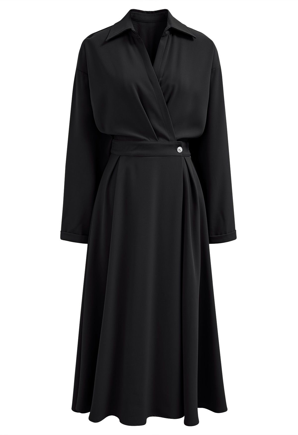 Buttoned Wrap Midi Shirt Dress in Black