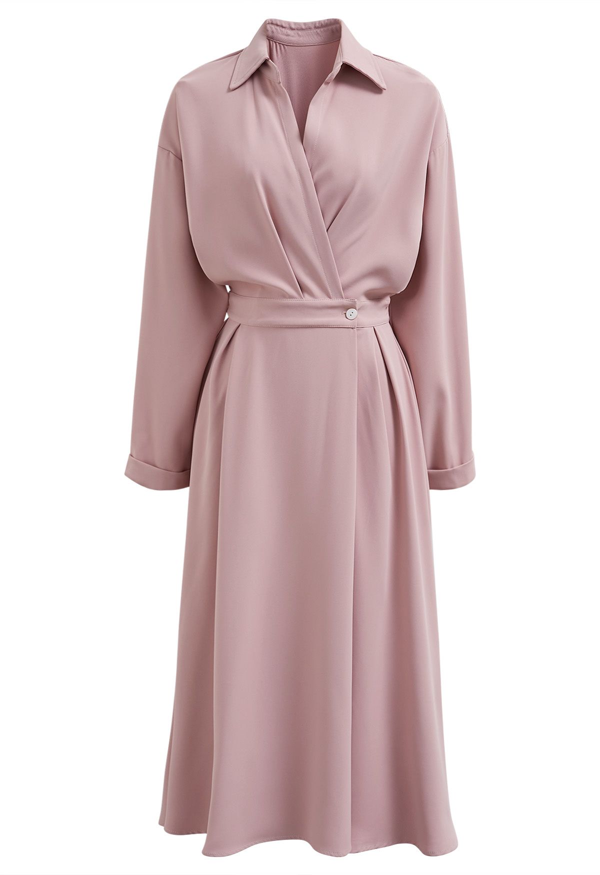 Buttoned Wrap Midi Shirt Dress in Pink