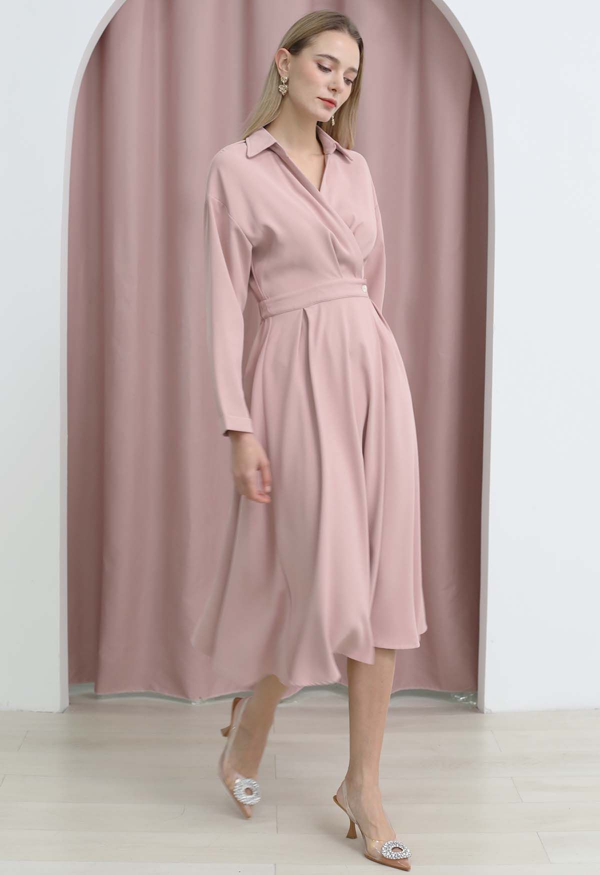 Buttoned Wrap Midi Shirt Dress in Pink