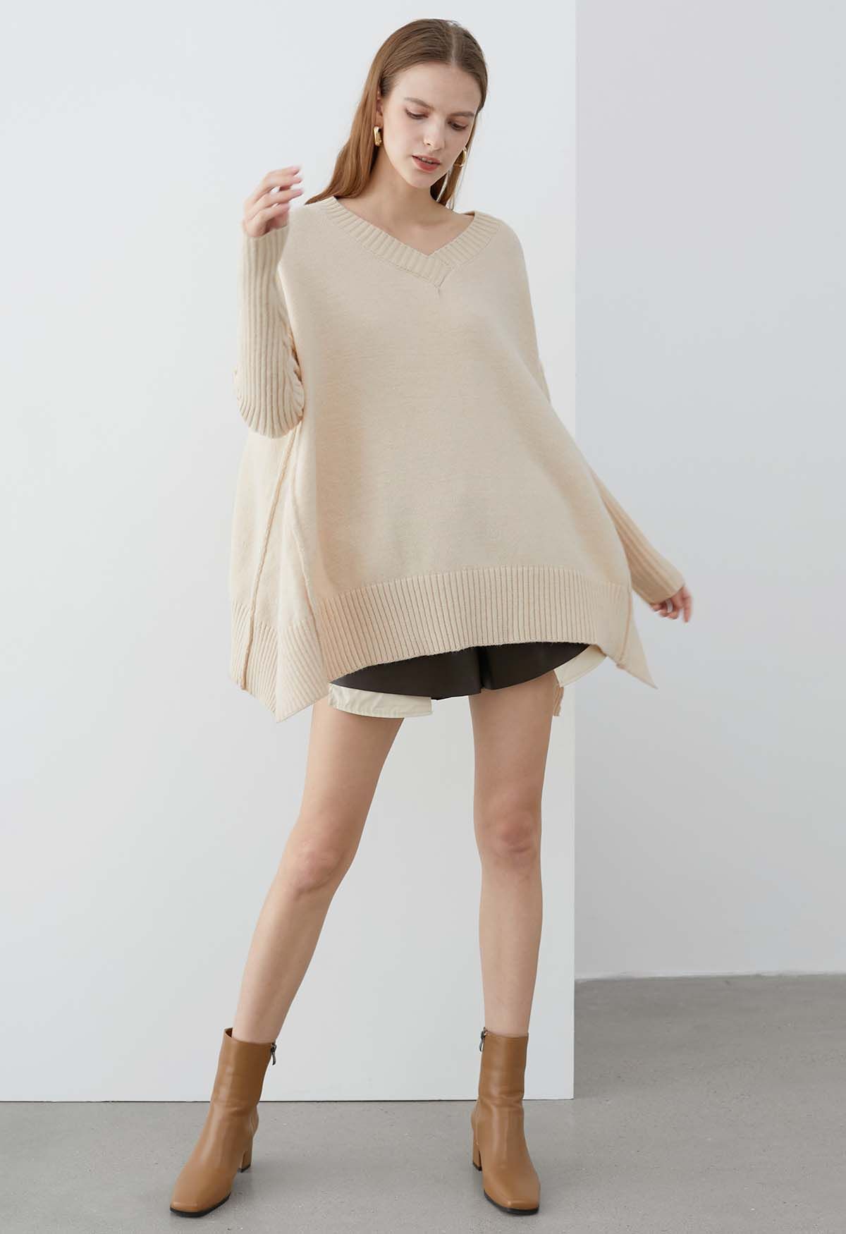 Dropped Shoulder Side Slit Slouchy Knit Sweater in Cream