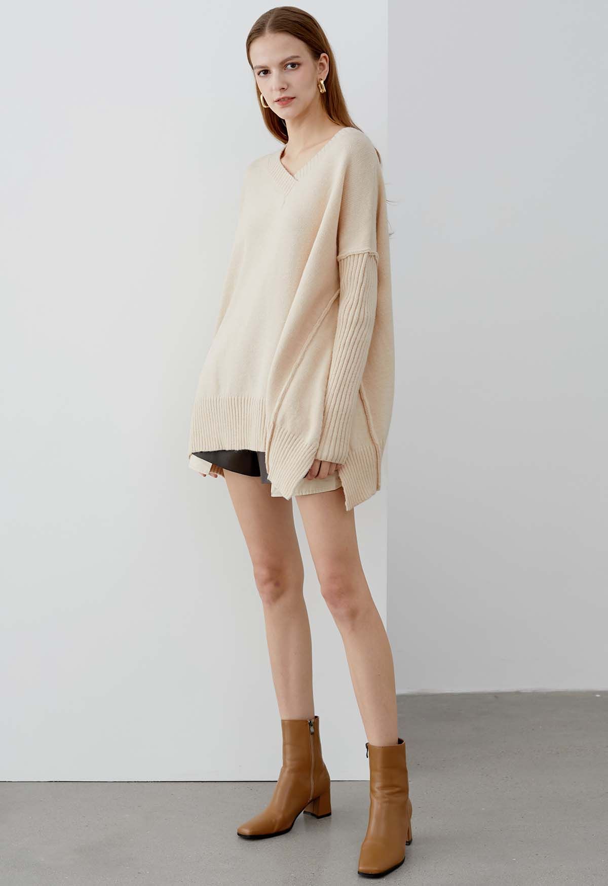 Dropped Shoulder Side Slit Slouchy Knit Sweater in Cream