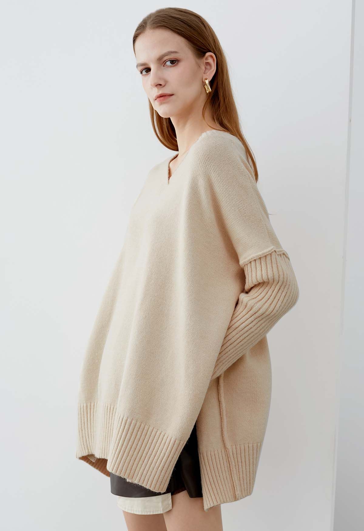 Dropped Shoulder Side Slit Slouchy Knit Sweater in Cream