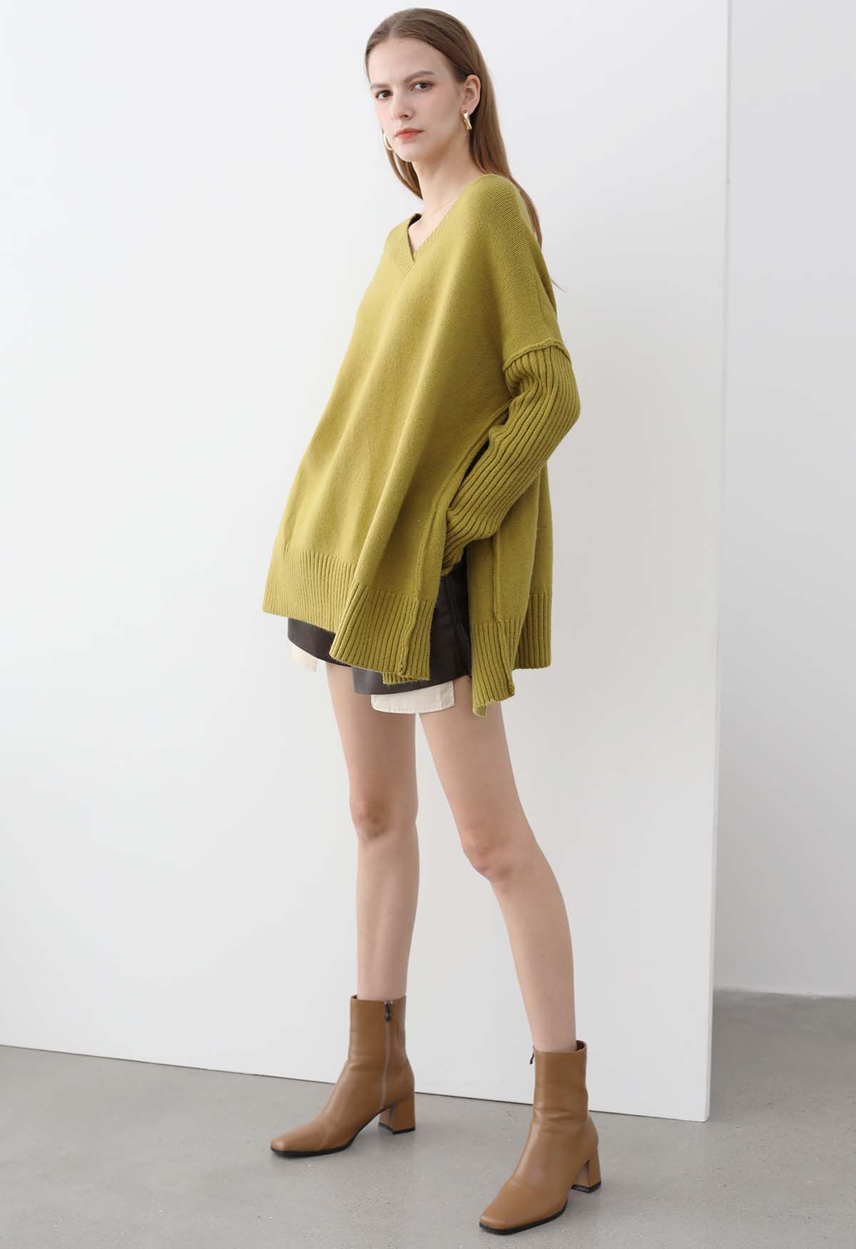 Dropped Shoulder Side Slit Slouchy Knit Sweater in Lime