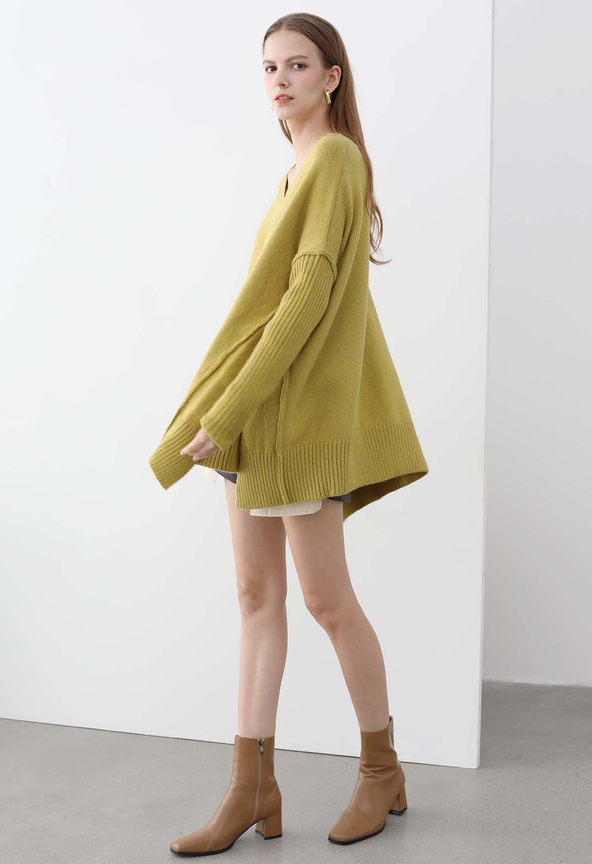 Dropped Shoulder Side Slit Slouchy Knit Sweater in Lime