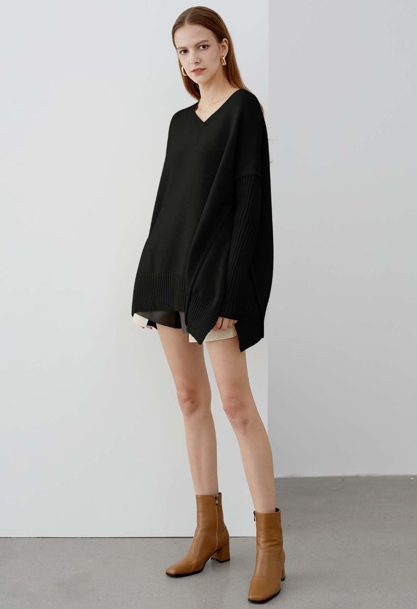 Dropped Shoulder Side Slit Slouchy Knit Sweater in Black