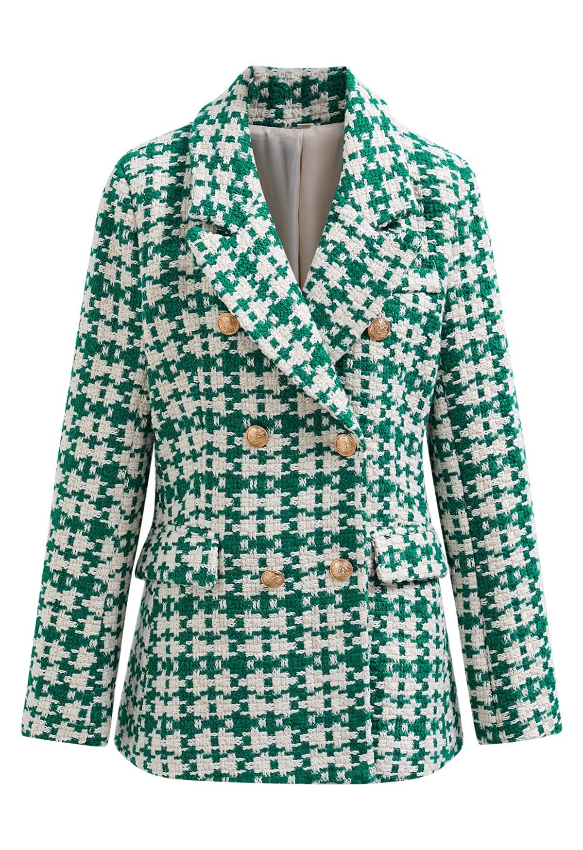 Lush Houndstooth Tweed Double-Breasted Blazer - Retro, Indie and Unique ...
