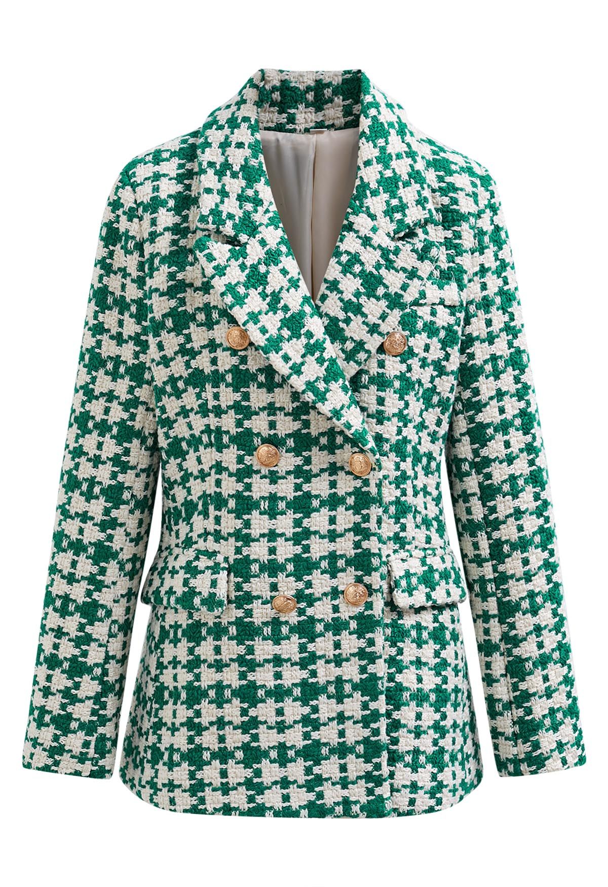 Lush Houndstooth Tweed Double-Breasted Blazer