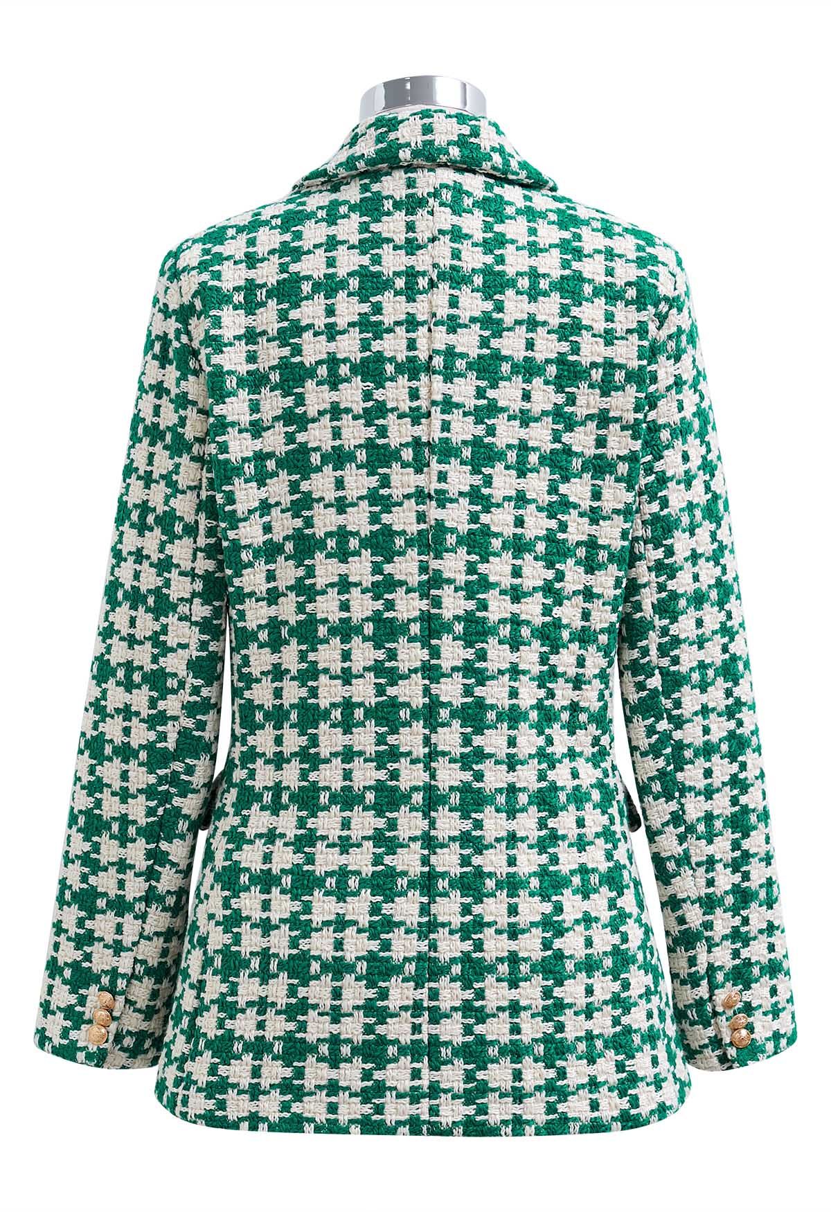 Lush Houndstooth Tweed Double-Breasted Blazer