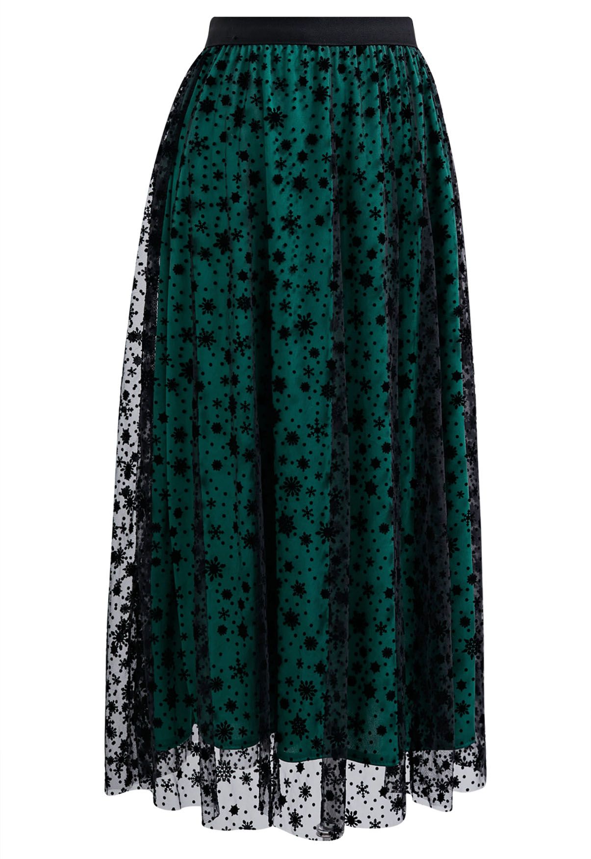 Velvet Snowflake Mesh Tulle Midi Skirt in Dark Green - Retro, Indie and ...