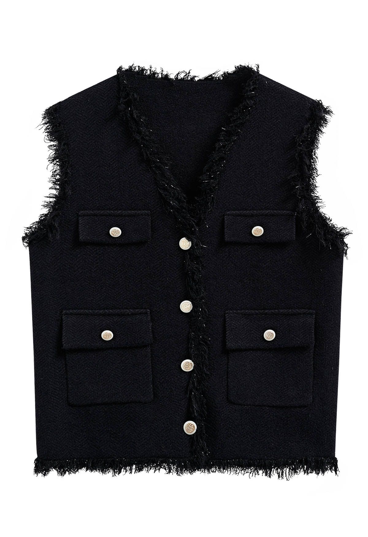 Fringed Edge Buttoned Flap Pocket Knit Vest in Black