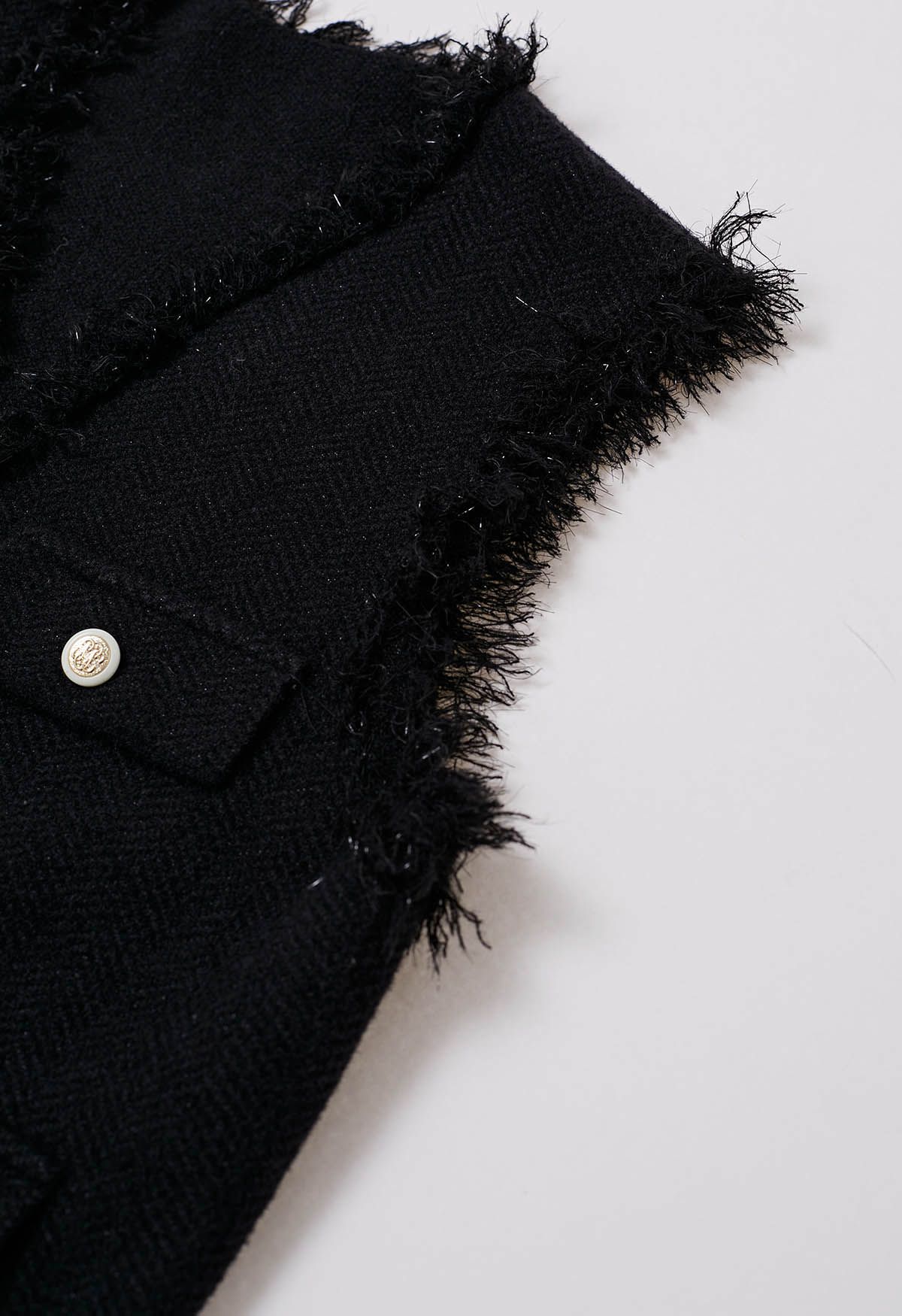 Fringed Edge Buttoned Flap Pocket Knit Vest in Black