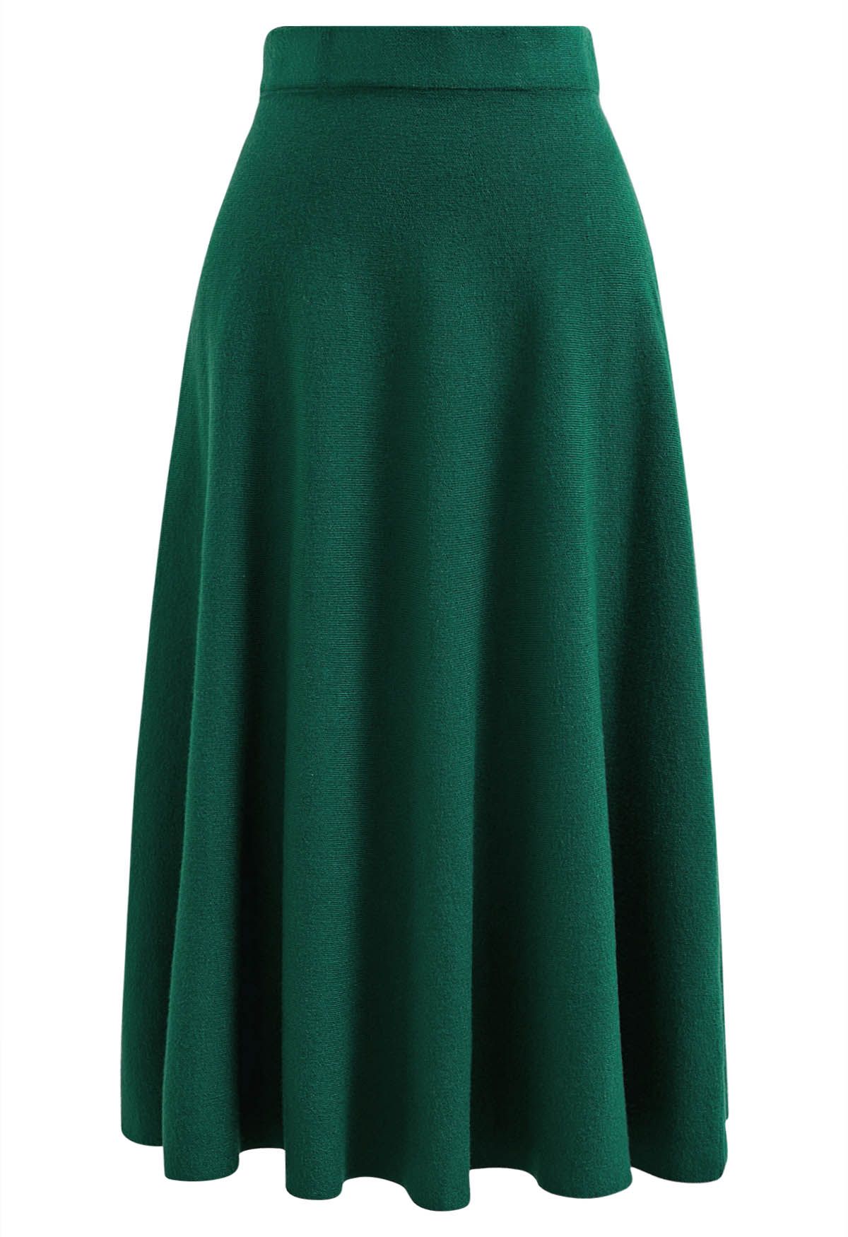 Solid Color A-Line Knit Midi Skirt in Dark Green - Retro, Indie and ...