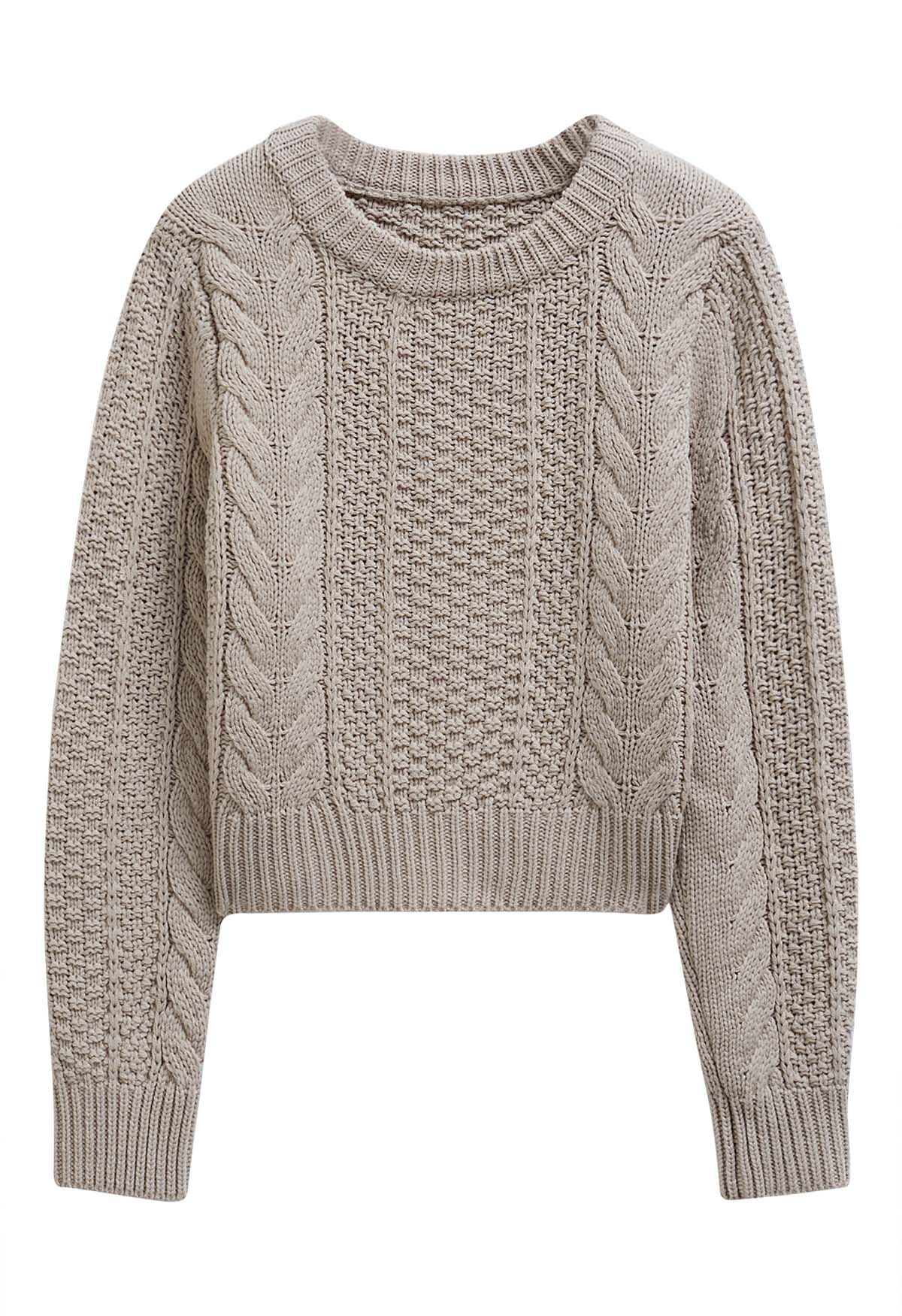 Classy Cable Knit Crop Sweater in Taupe