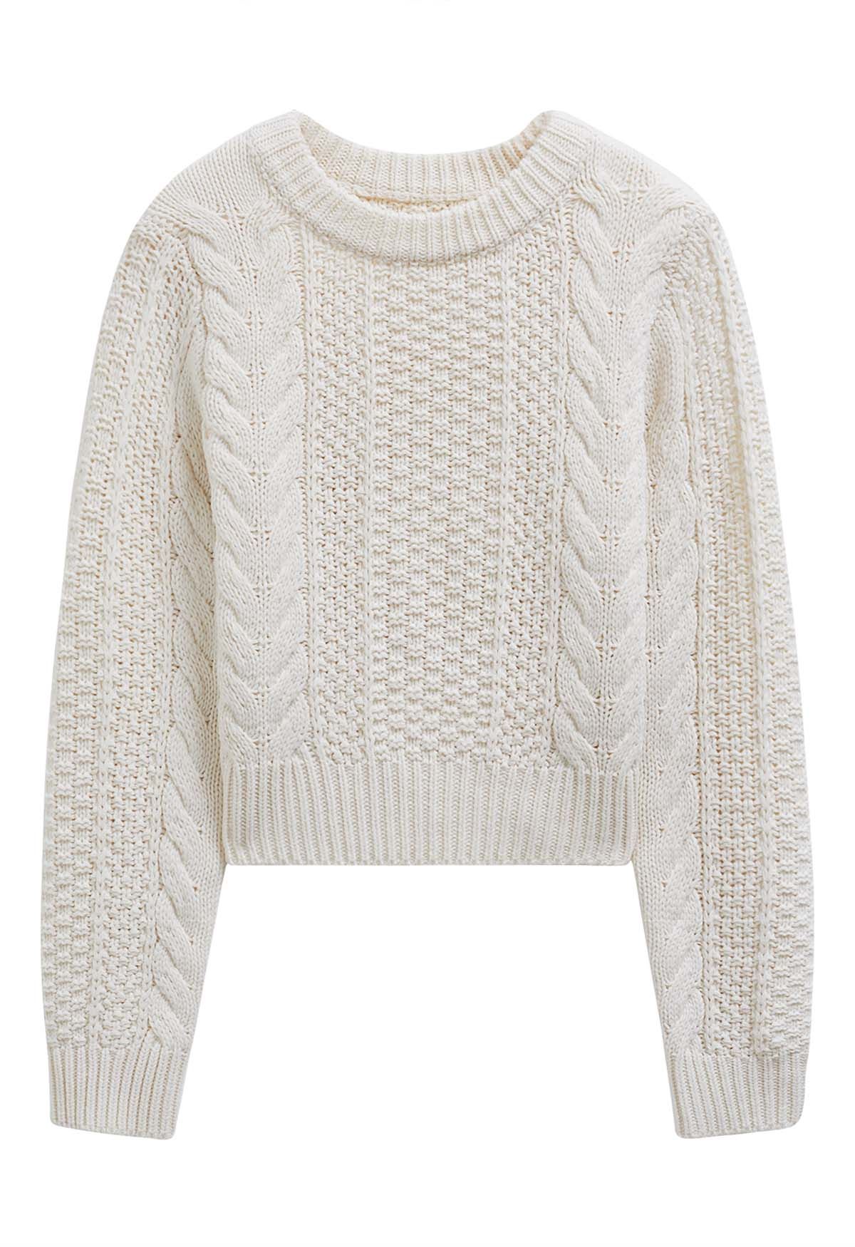 Classy Cable Knit Crop Sweater in Ivory