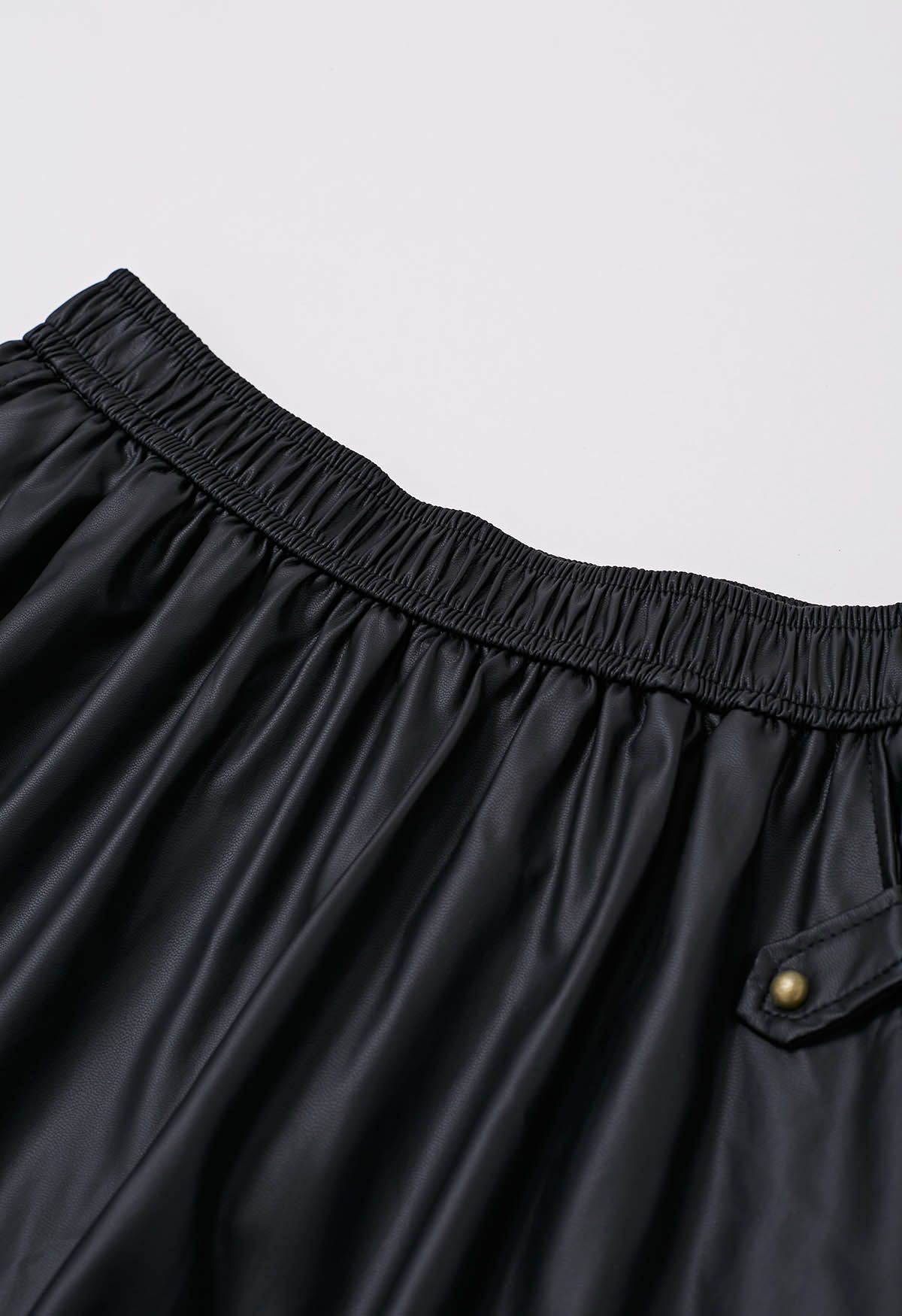 Basic Soft Faux Leather A-Line Skirt in Black