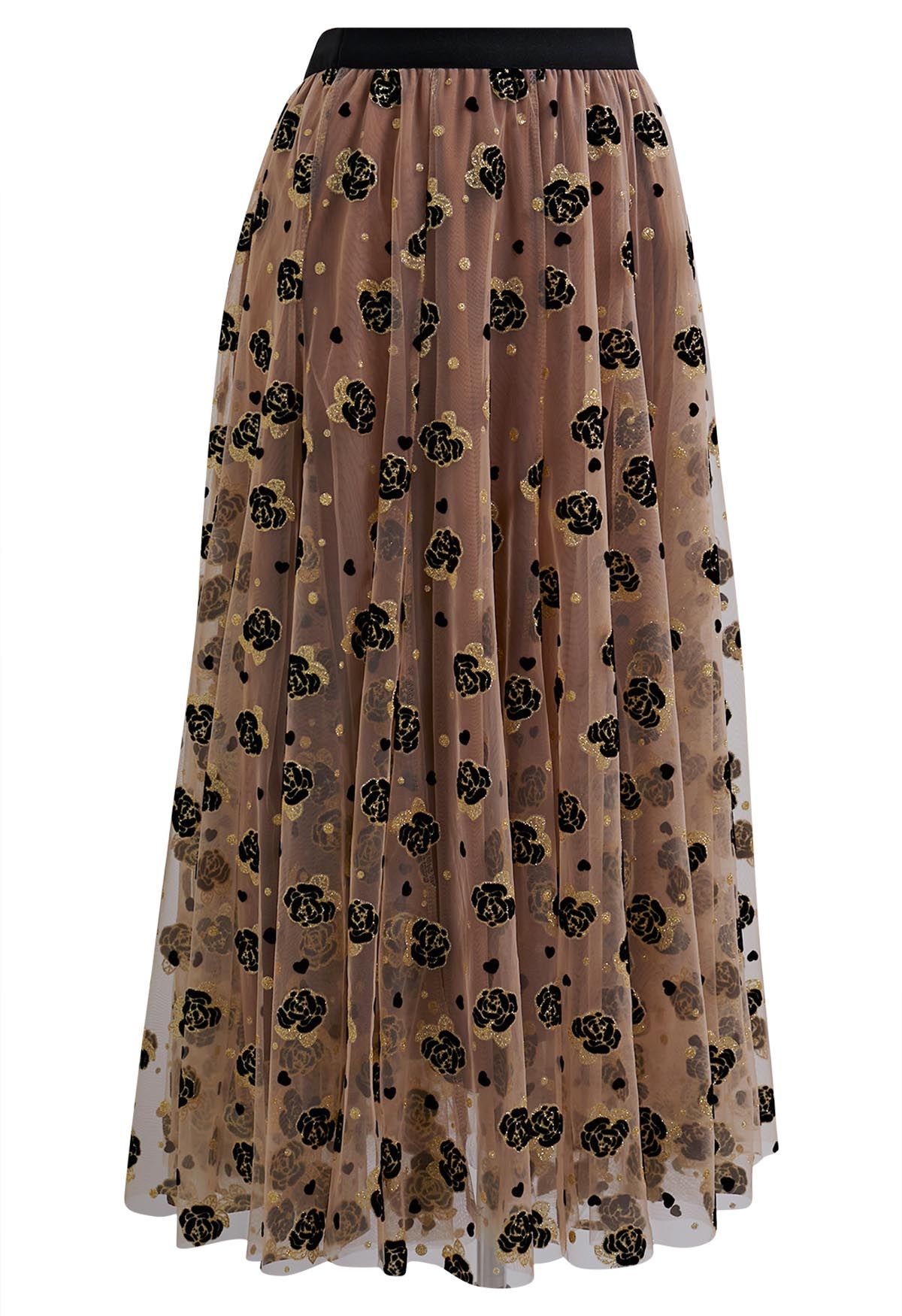 Glitter Velvet Rose Mesh Tulle Midi Skirt in Light Tan Retro Indie and Unique Fashion