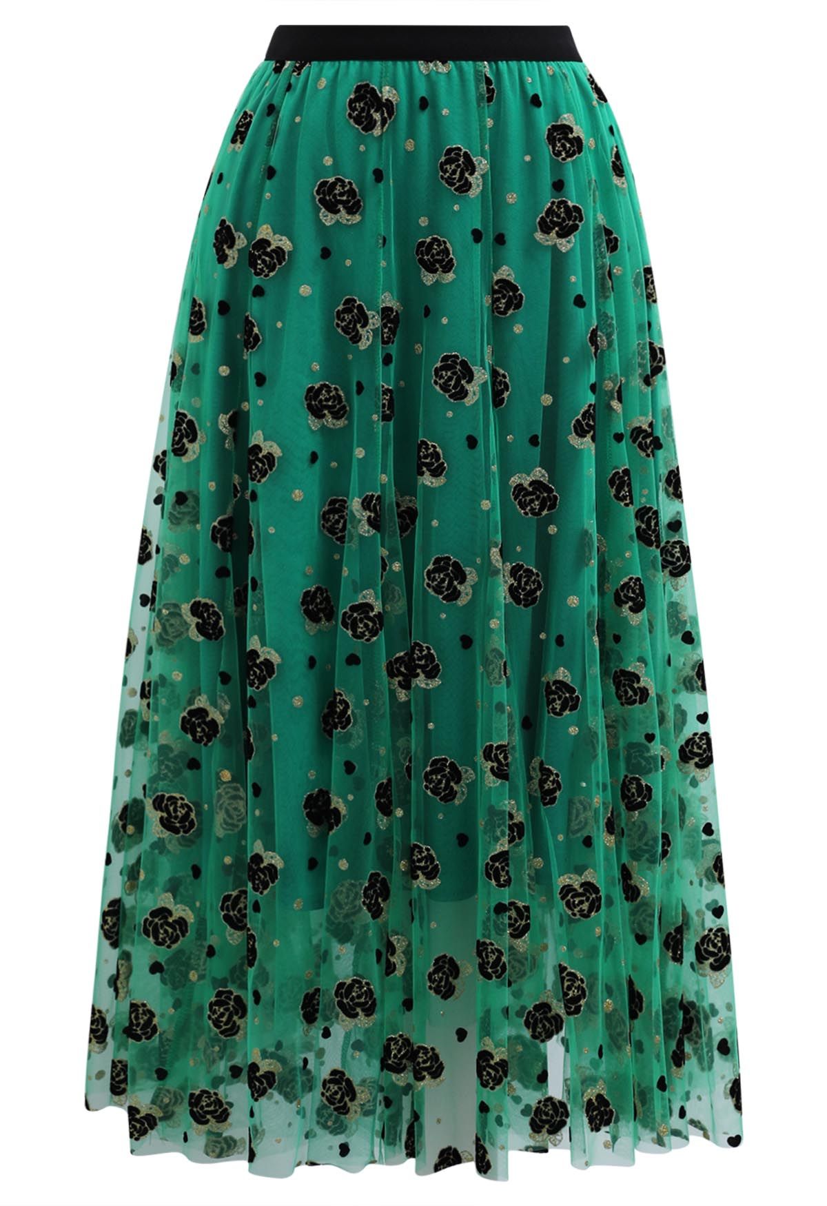 Glitter Velvet Rose Mesh Tulle Midi Skirt in Green