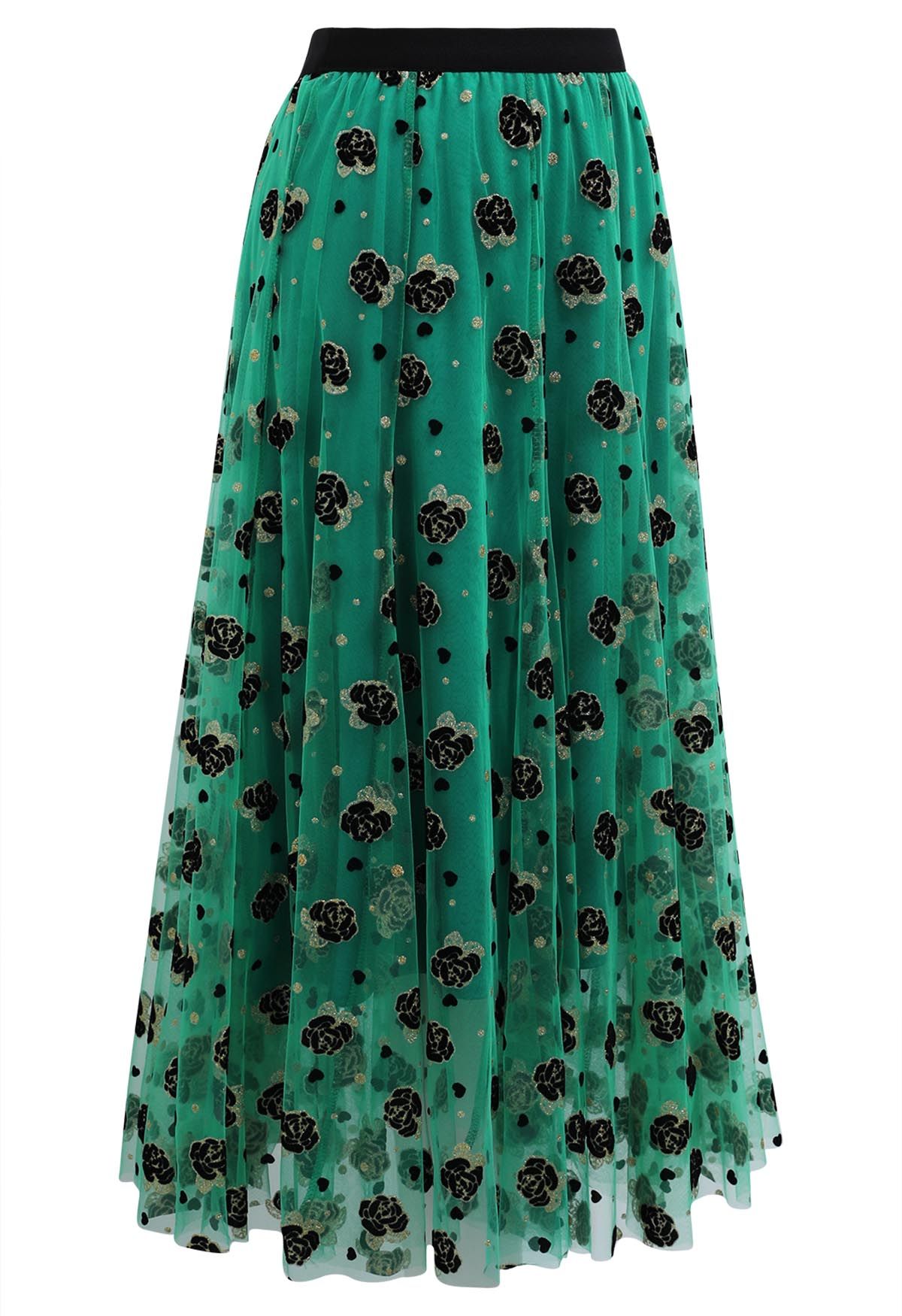 Glitter Velvet Rose Mesh Tulle Midi Skirt in Green