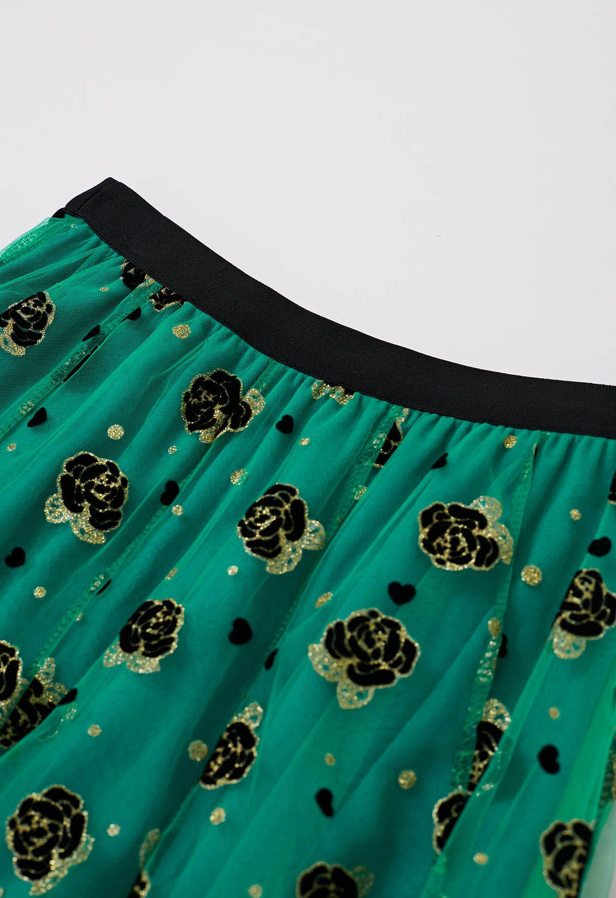 Glitter Velvet Rose Mesh Tulle Midi Skirt in Green