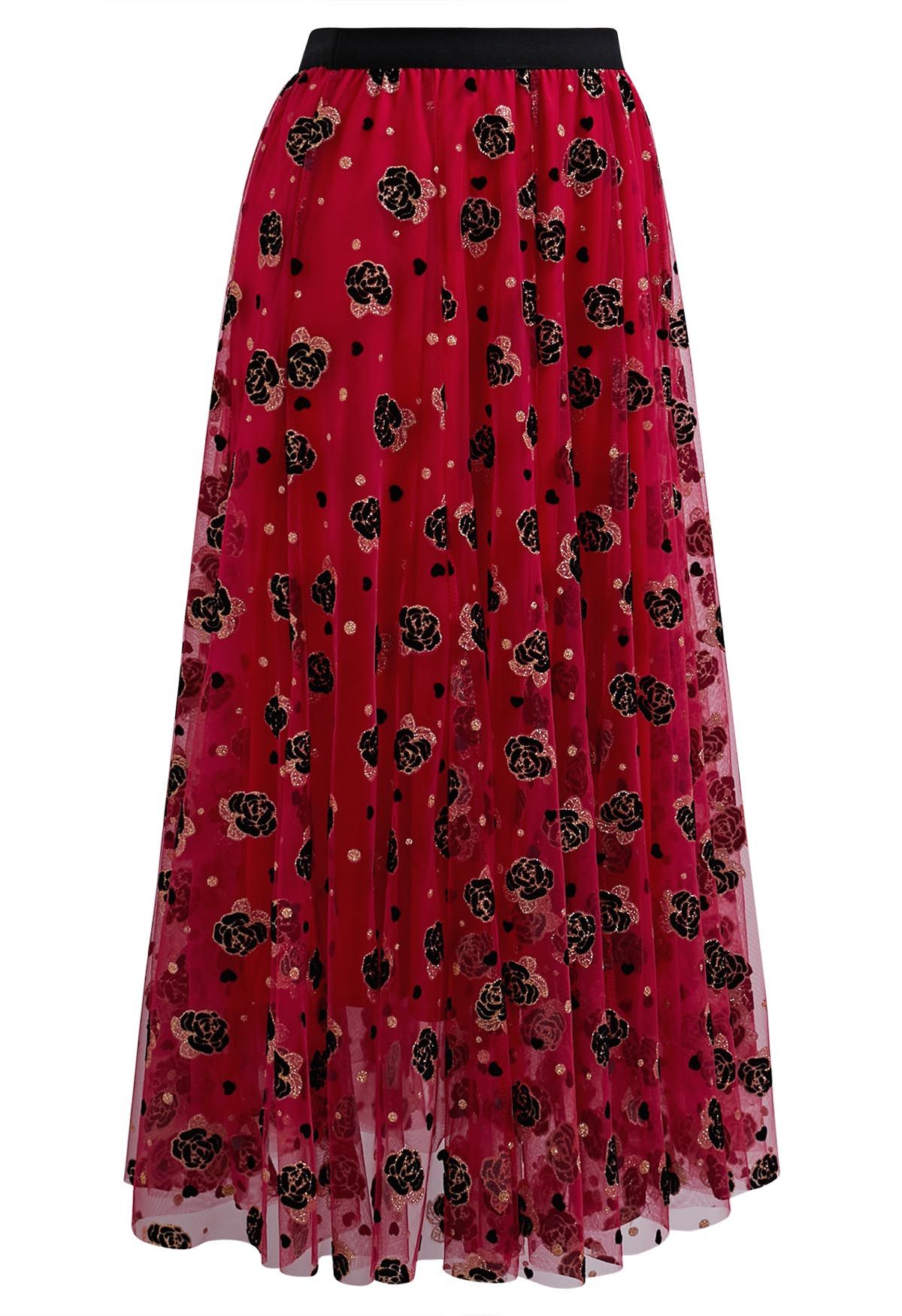 Glitter Velvet Rose Mesh Tulle Midi Skirt in Red