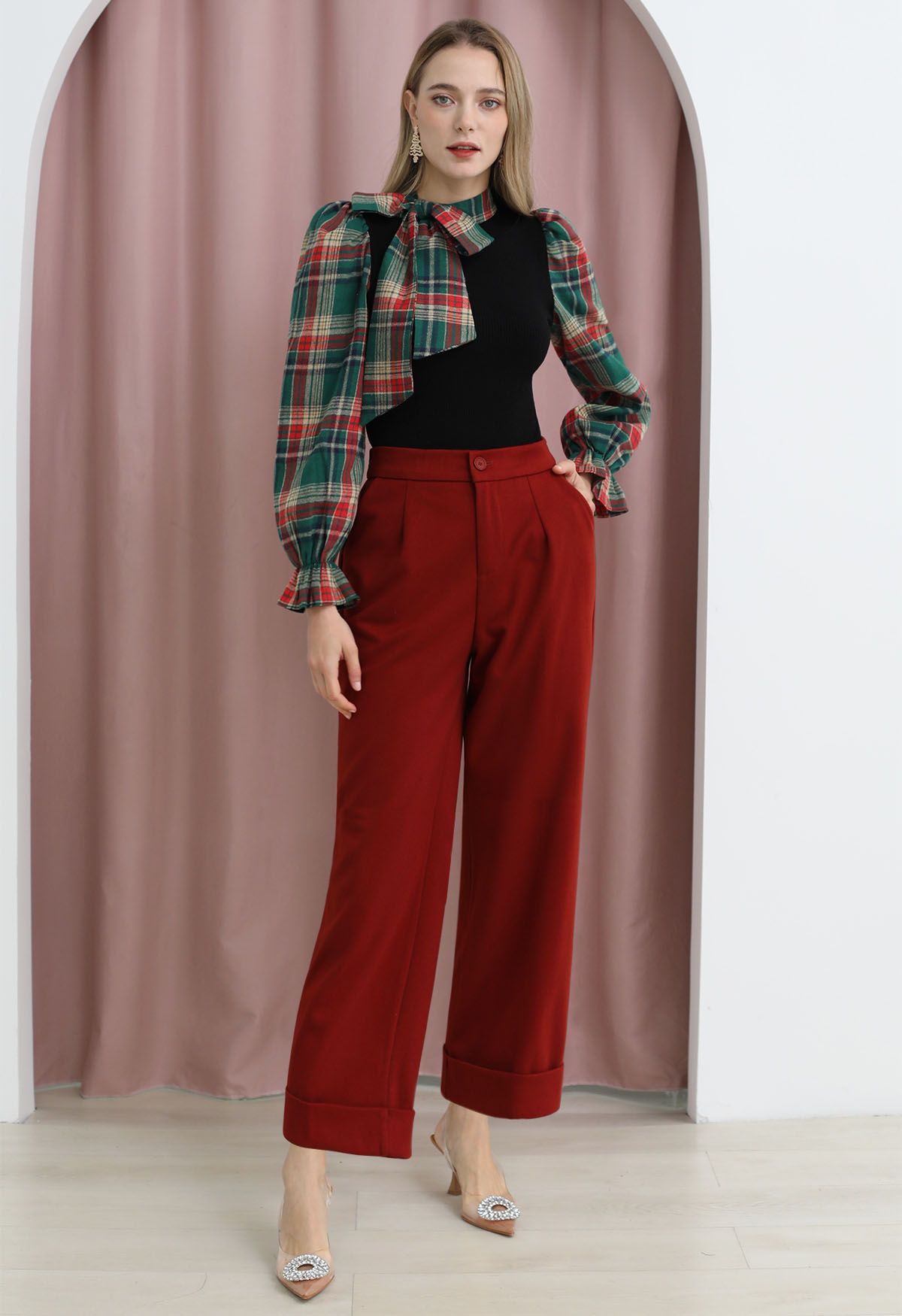 Comfy Chunky Straight-Leg Cuffed Pants in Rust Red - Retro, Indie and  Unique Fashion