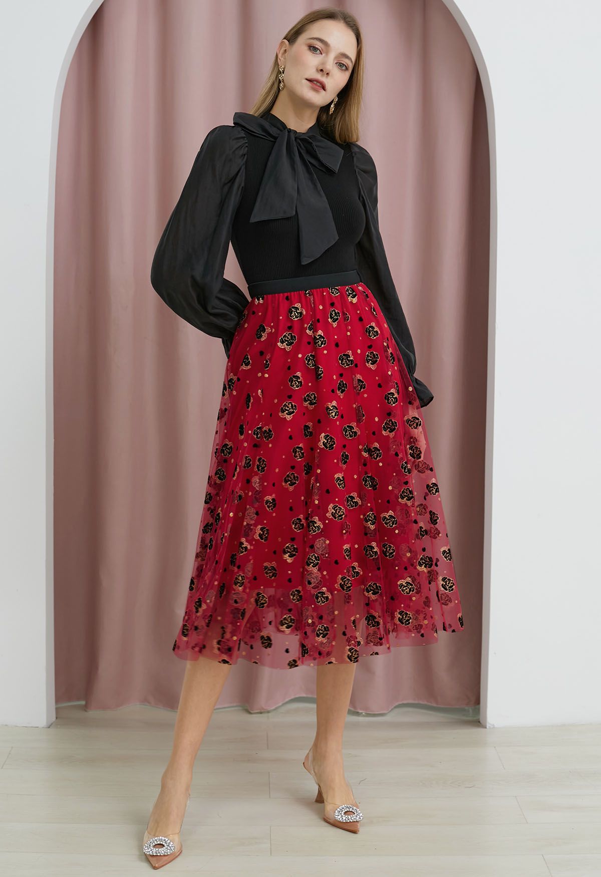 Glitter Velvet Rose Mesh Tulle Midi Skirt in Red