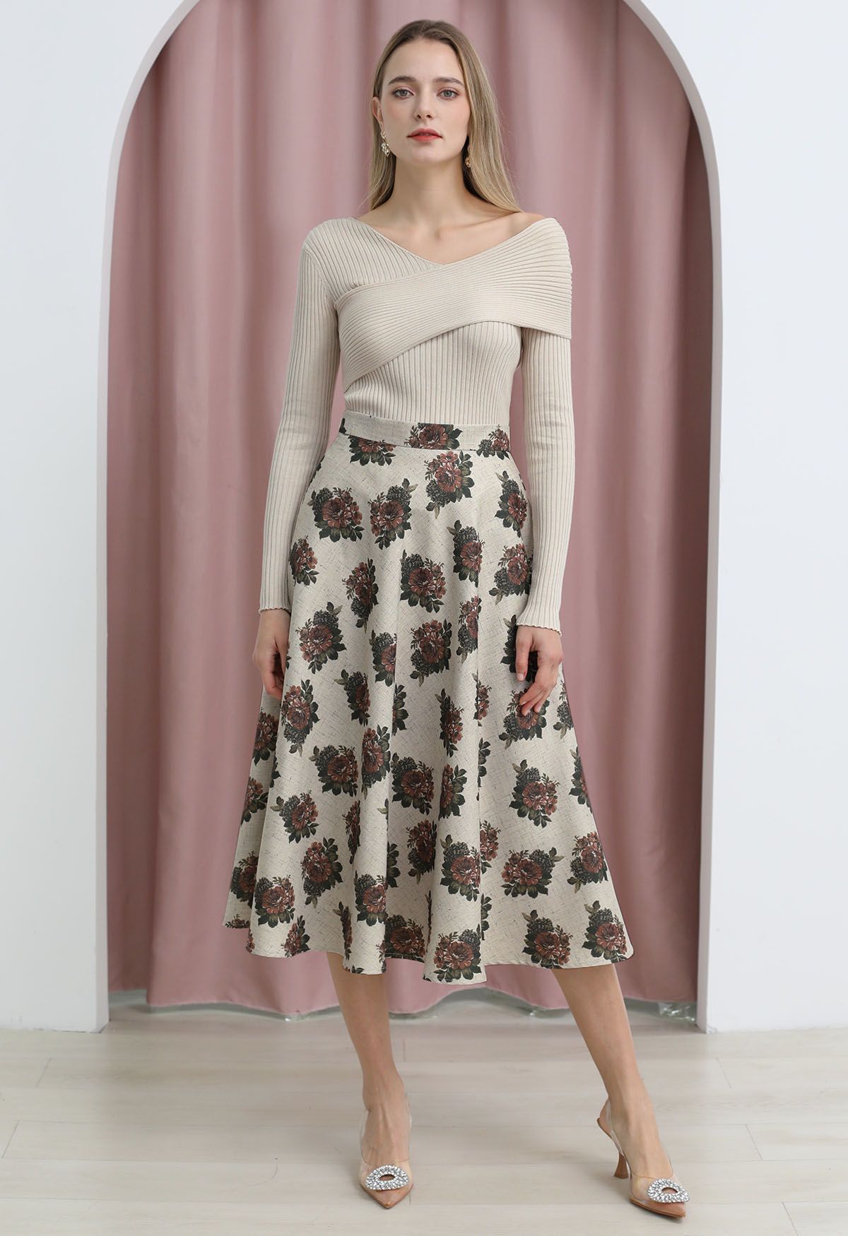 Vintage Bloom A-Line Midi Skirt