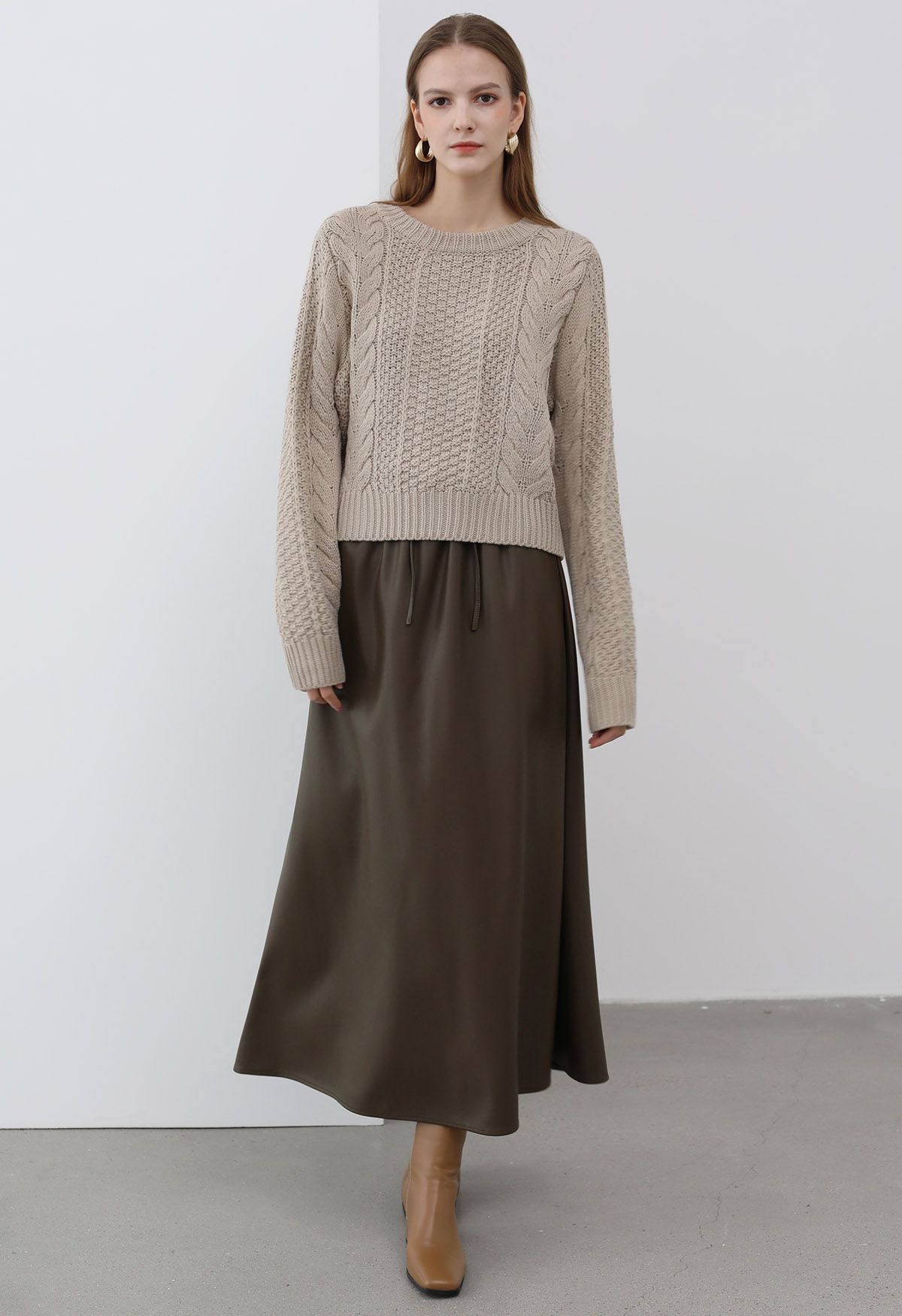 Classy Cable Knit Crop Sweater in Taupe