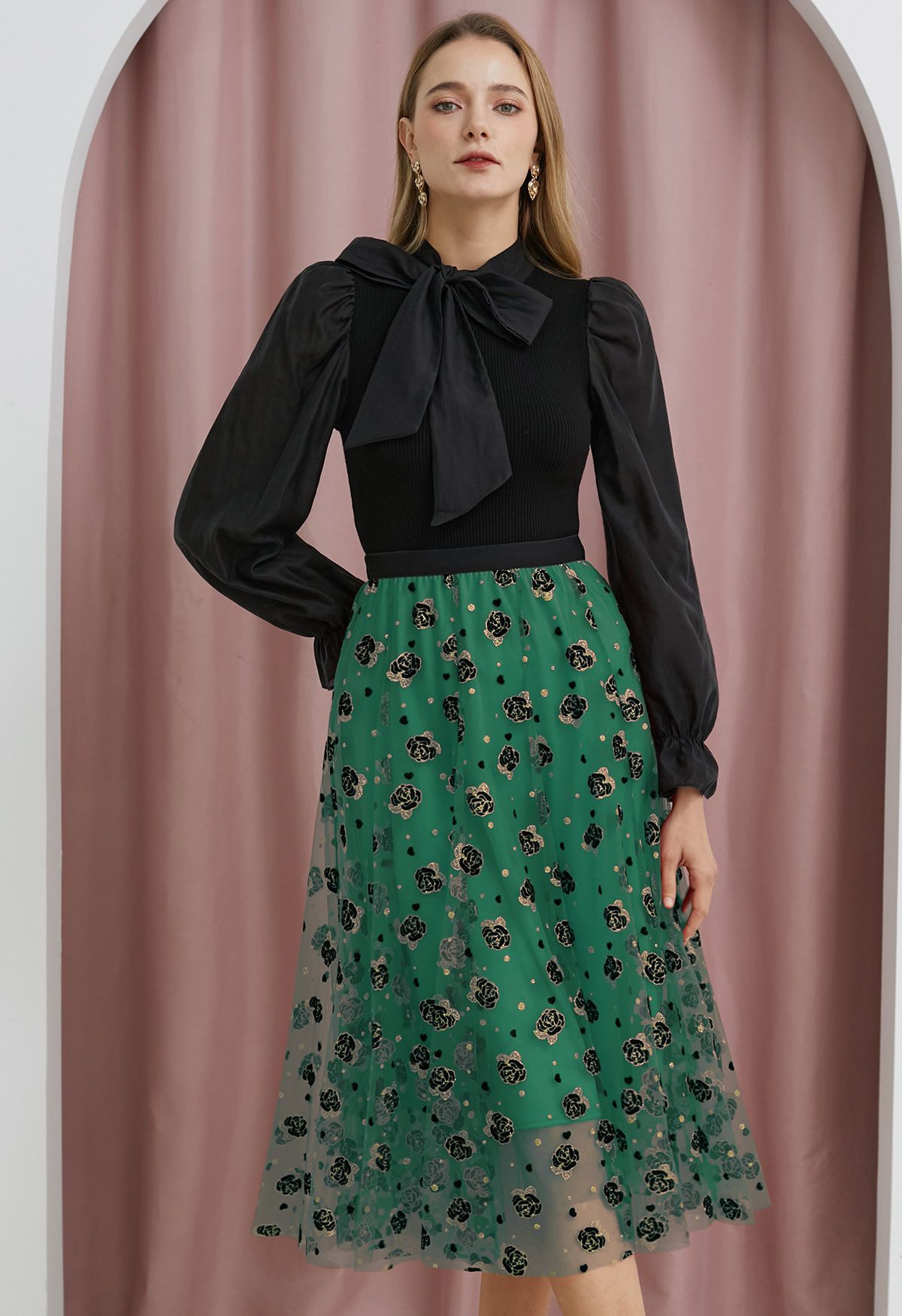 Glitter Velvet Rose Mesh Tulle Midi Skirt in Green