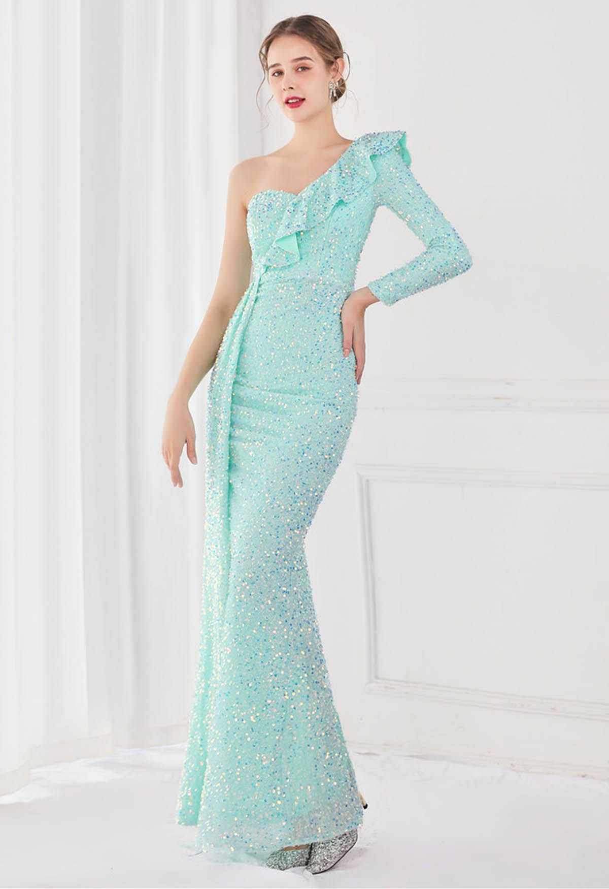 One-Shoulder Sequined Ruffle Slit Maxi Gown in Mint - Retro, Indie and ...