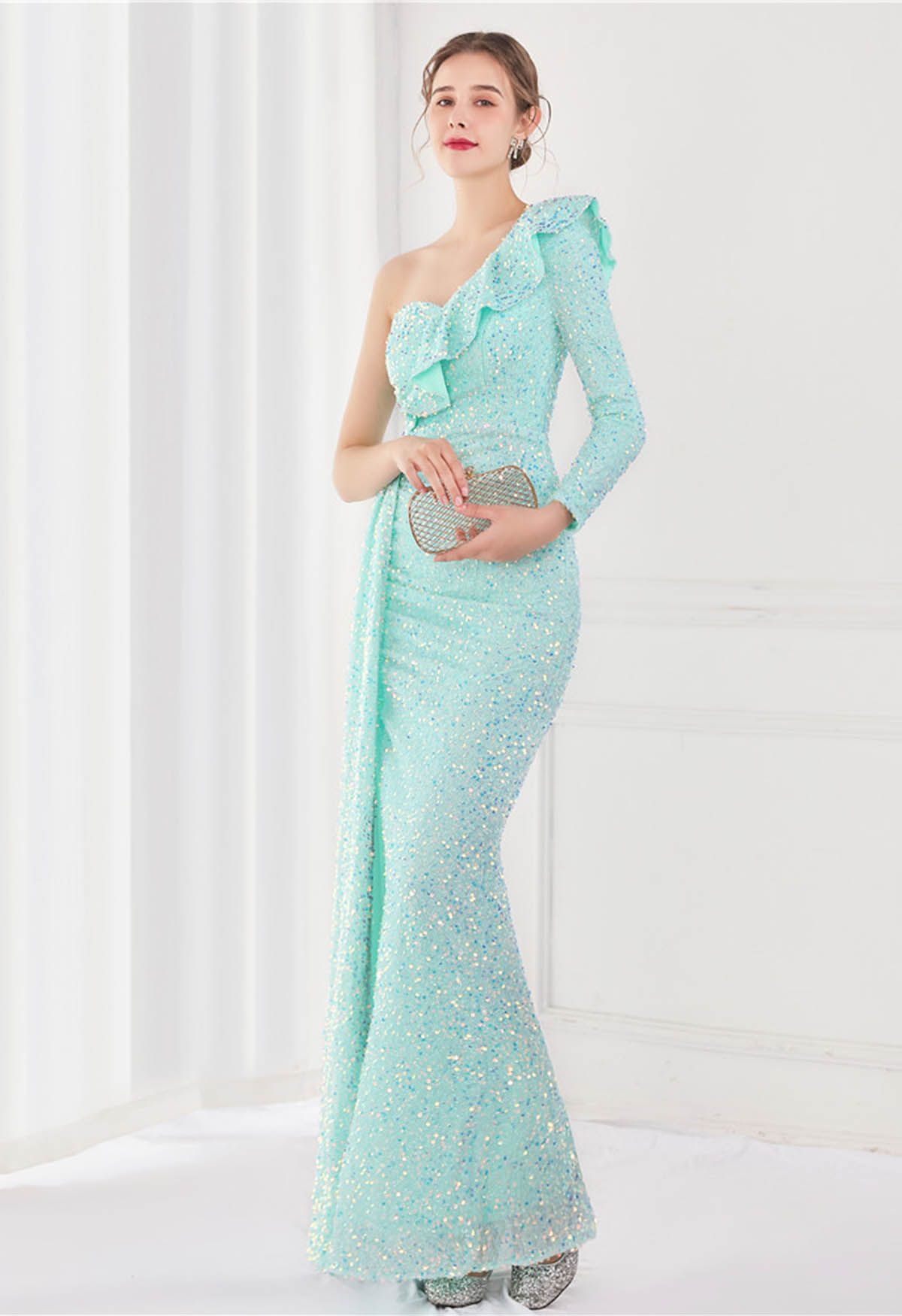 One-Shoulder Sequined Ruffle Slit Maxi Gown in Mint