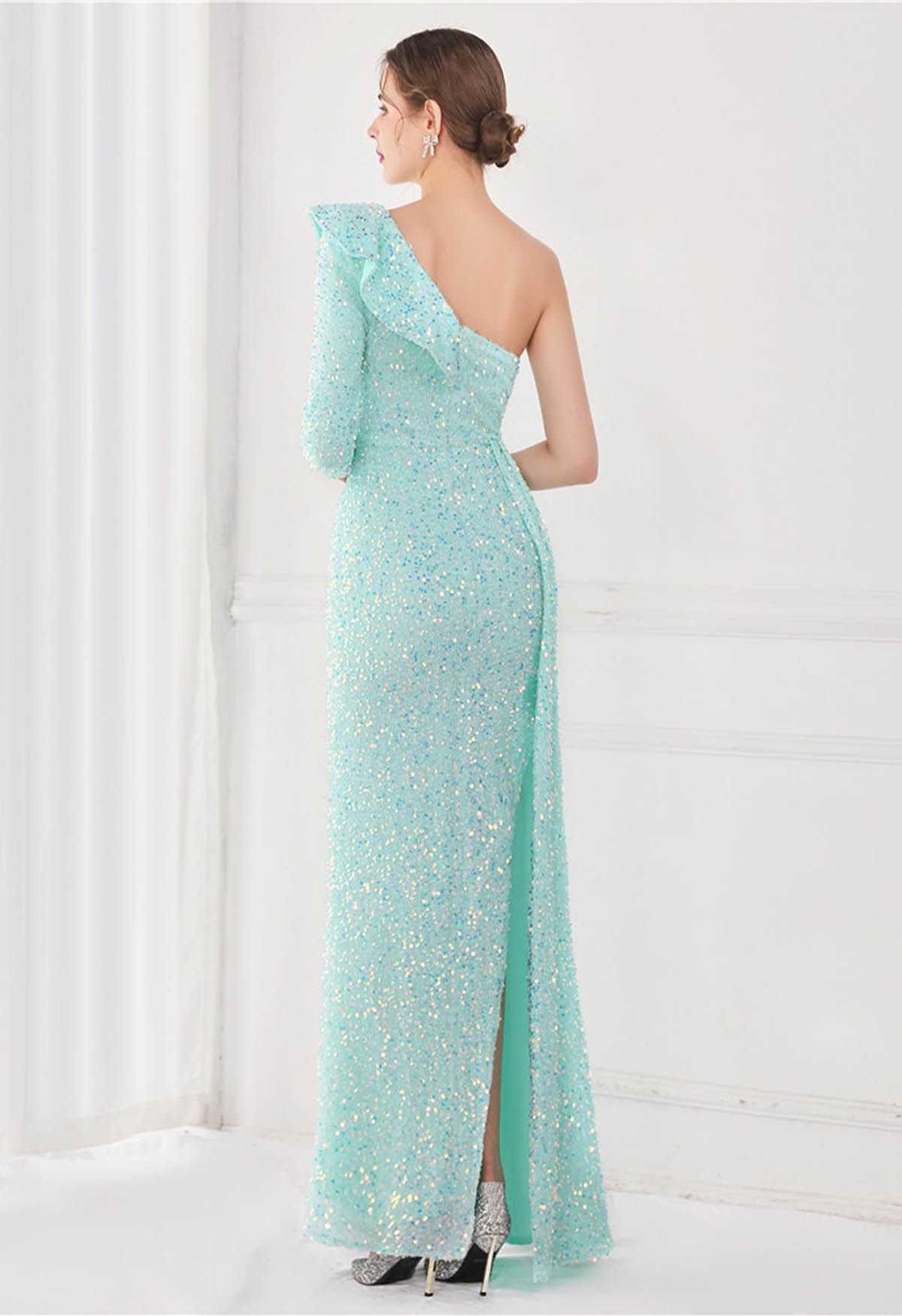 One-Shoulder Sequined Ruffle Slit Maxi Gown in Mint