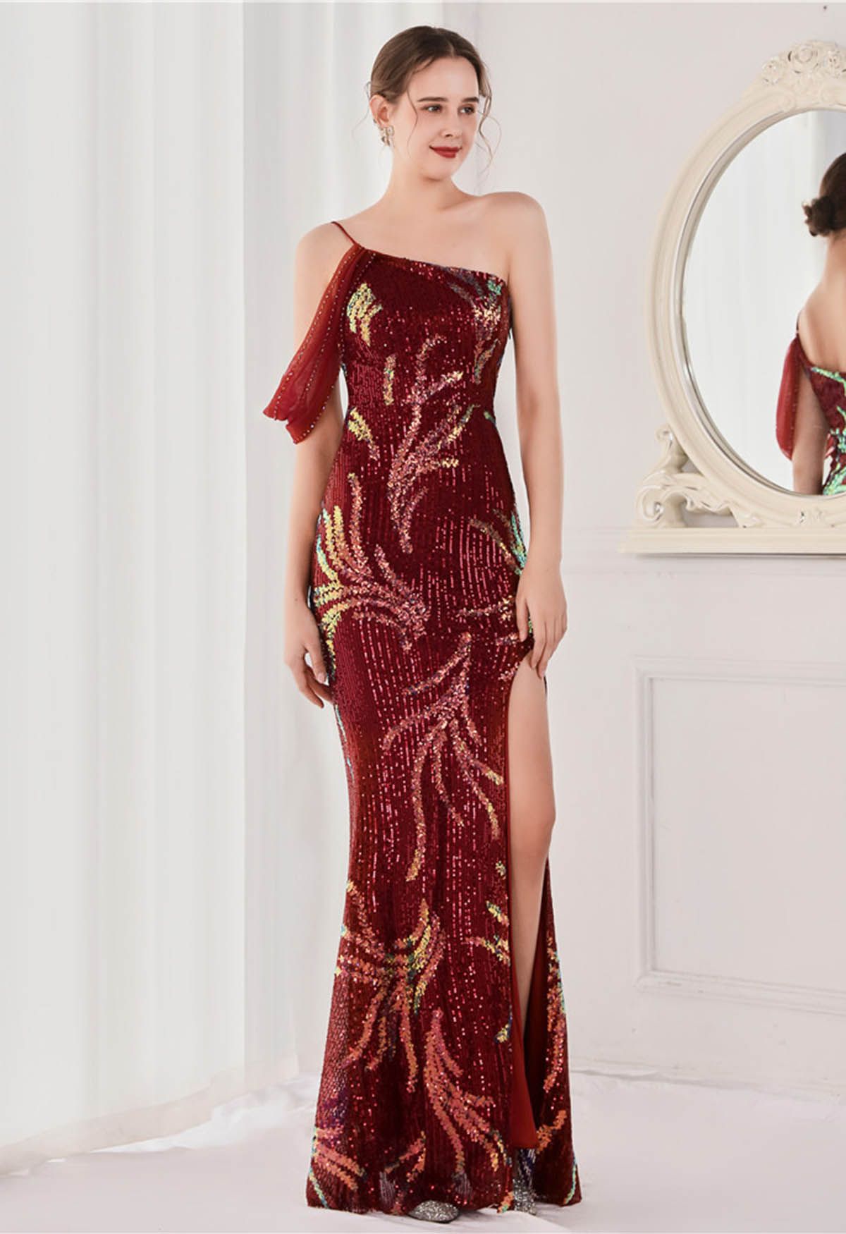 One-Shoulder Front Slit Sequined Maxi Gown in Burgundy