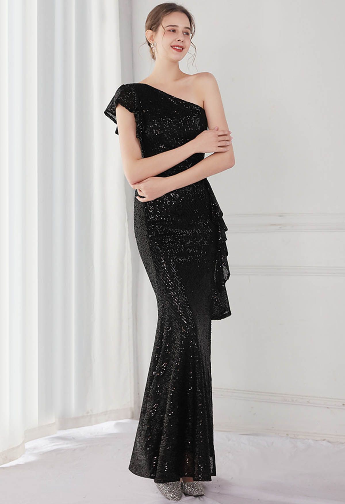 Sequined One-Shoulder Ruffle Mermaid Gown in Black - Retro, Indie and ...
