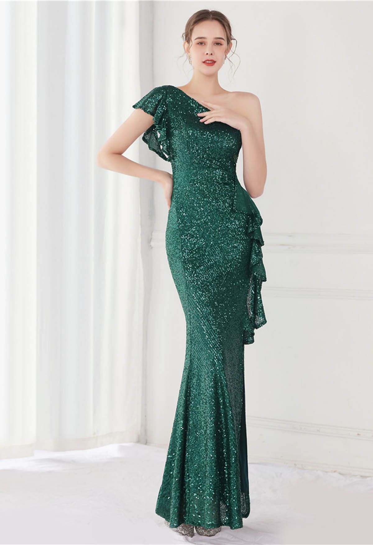 Sequined One-Shoulder Ruffle Mermaid Gown in Dark Green