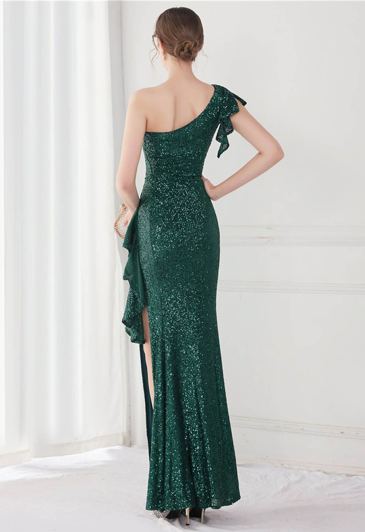 Sequined One-Shoulder Ruffle Mermaid Gown in Dark Green