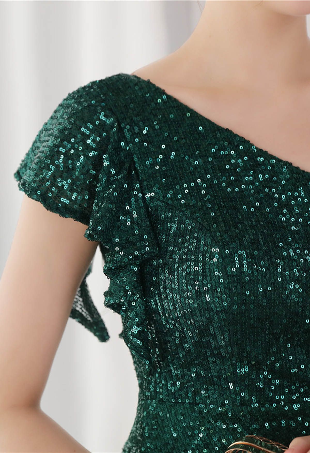 Sequined One-Shoulder Ruffle Mermaid Gown in Dark Green