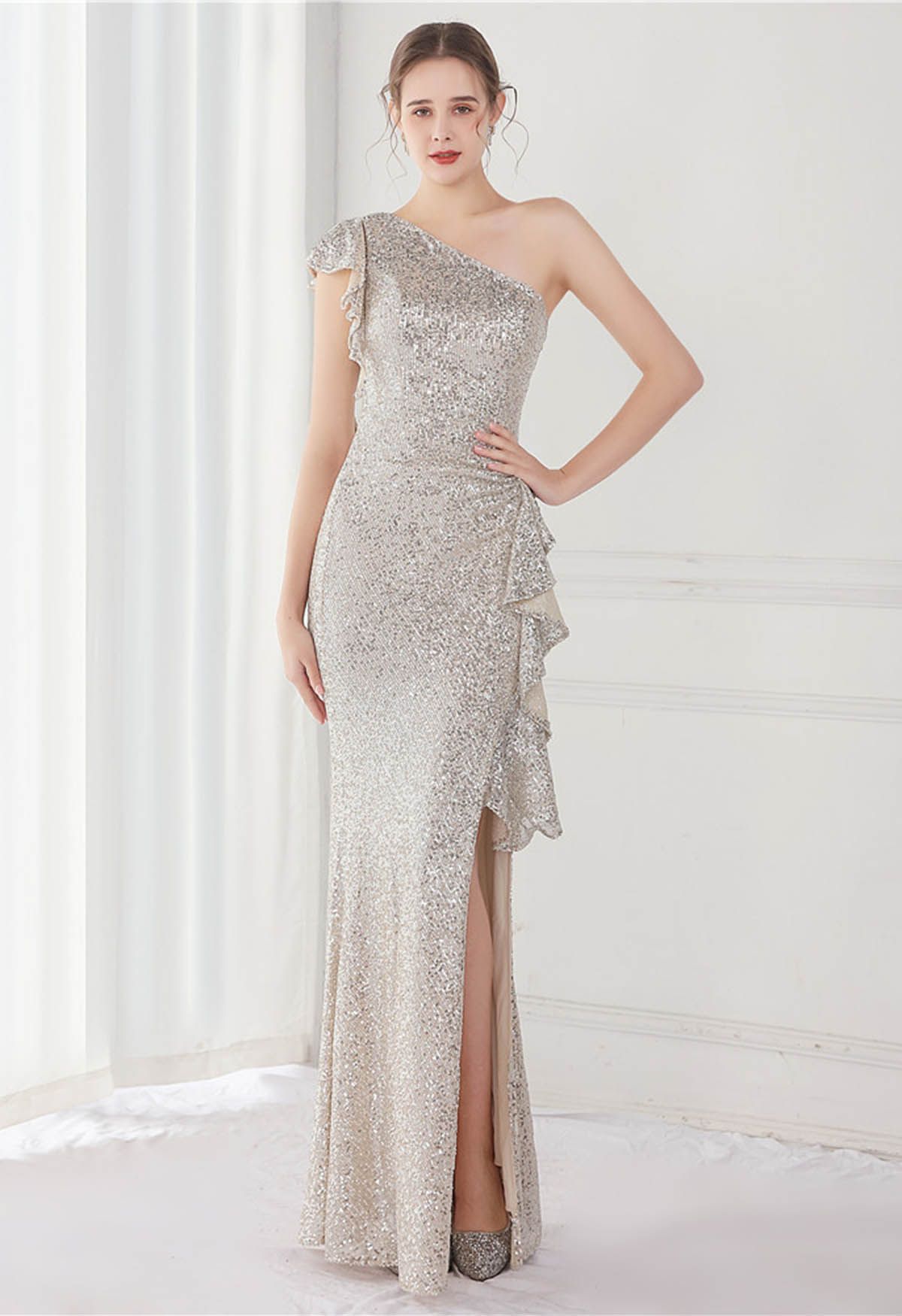 Sequined One-Shoulder Ruffle Mermaid Gown in Silver