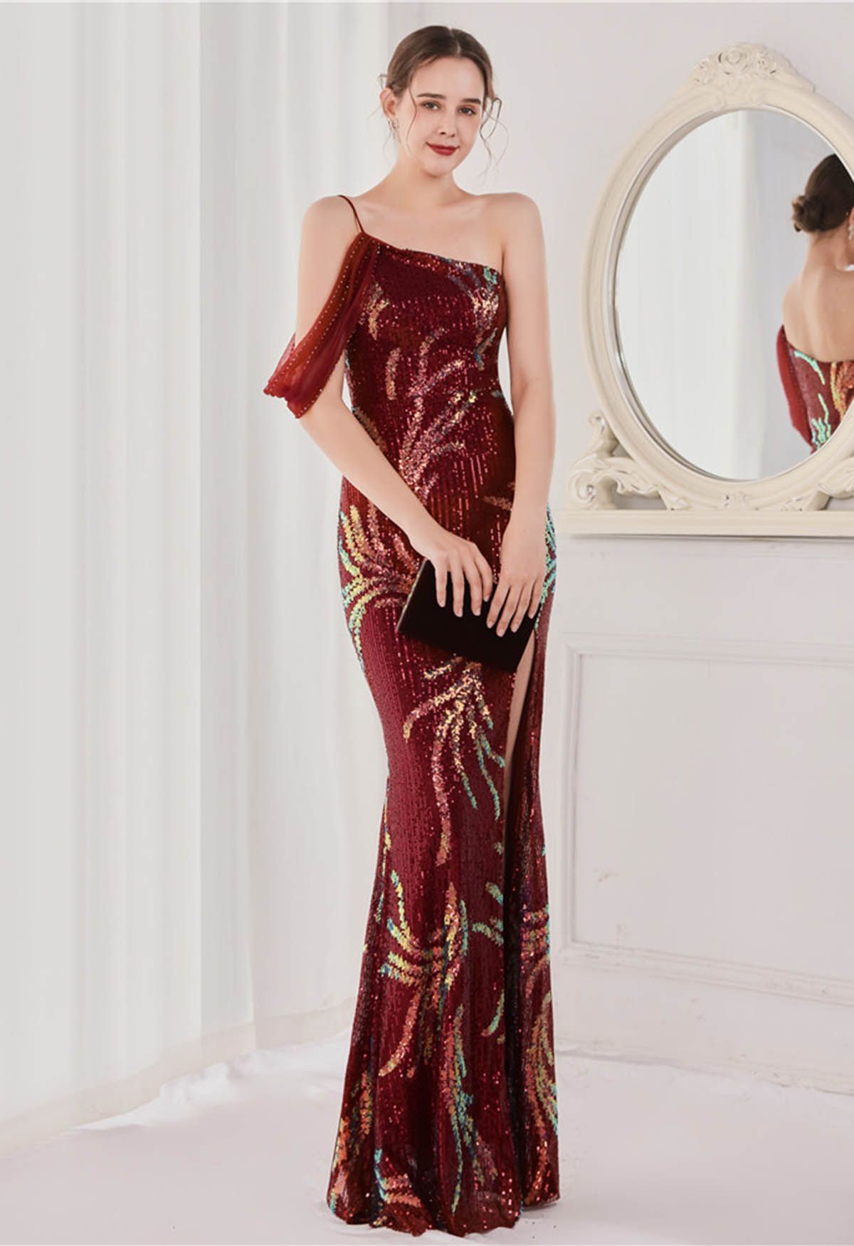 One-Shoulder Front Slit Sequined Maxi Gown in Burgundy