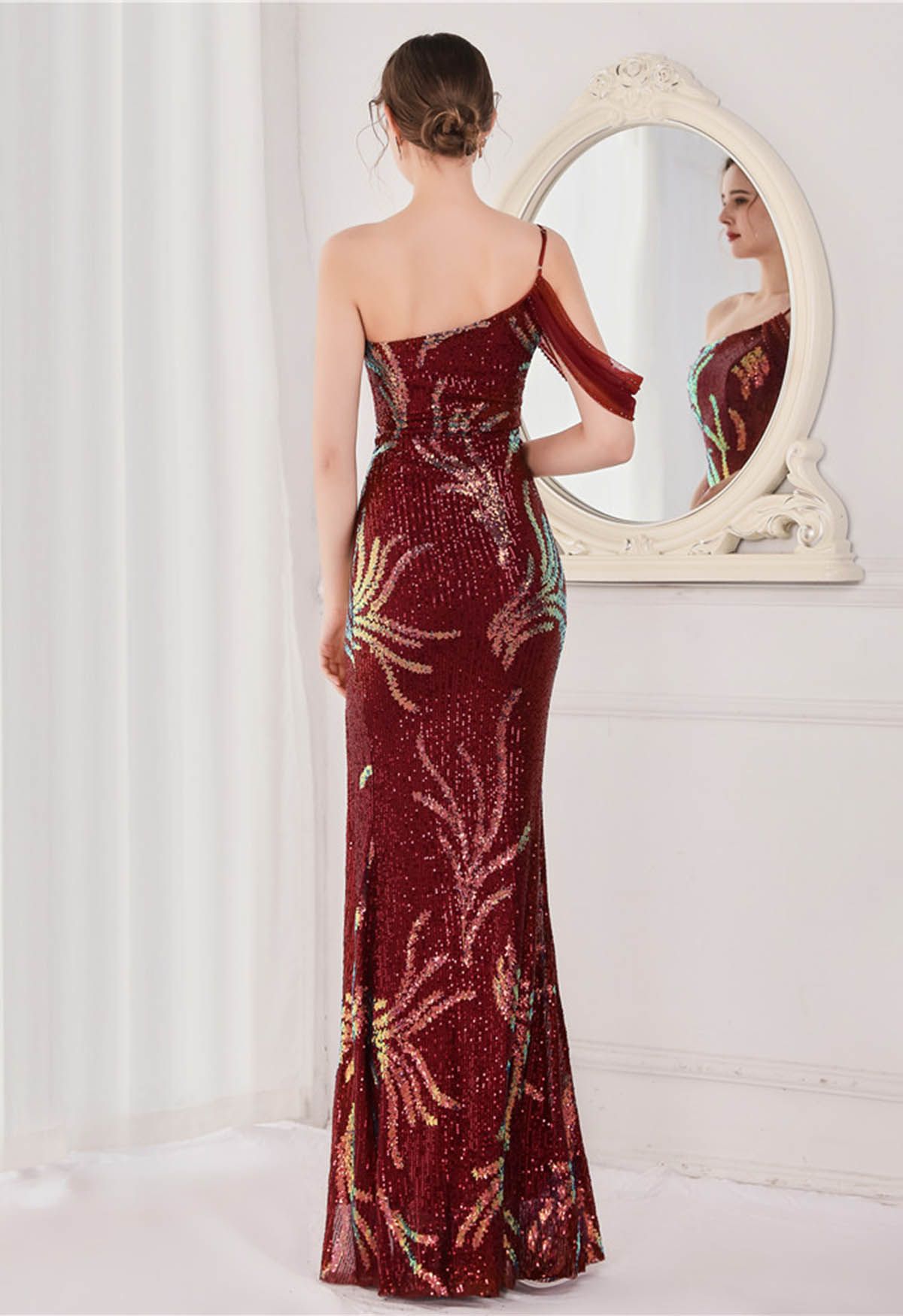 One-Shoulder Front Slit Sequined Maxi Gown in Burgundy