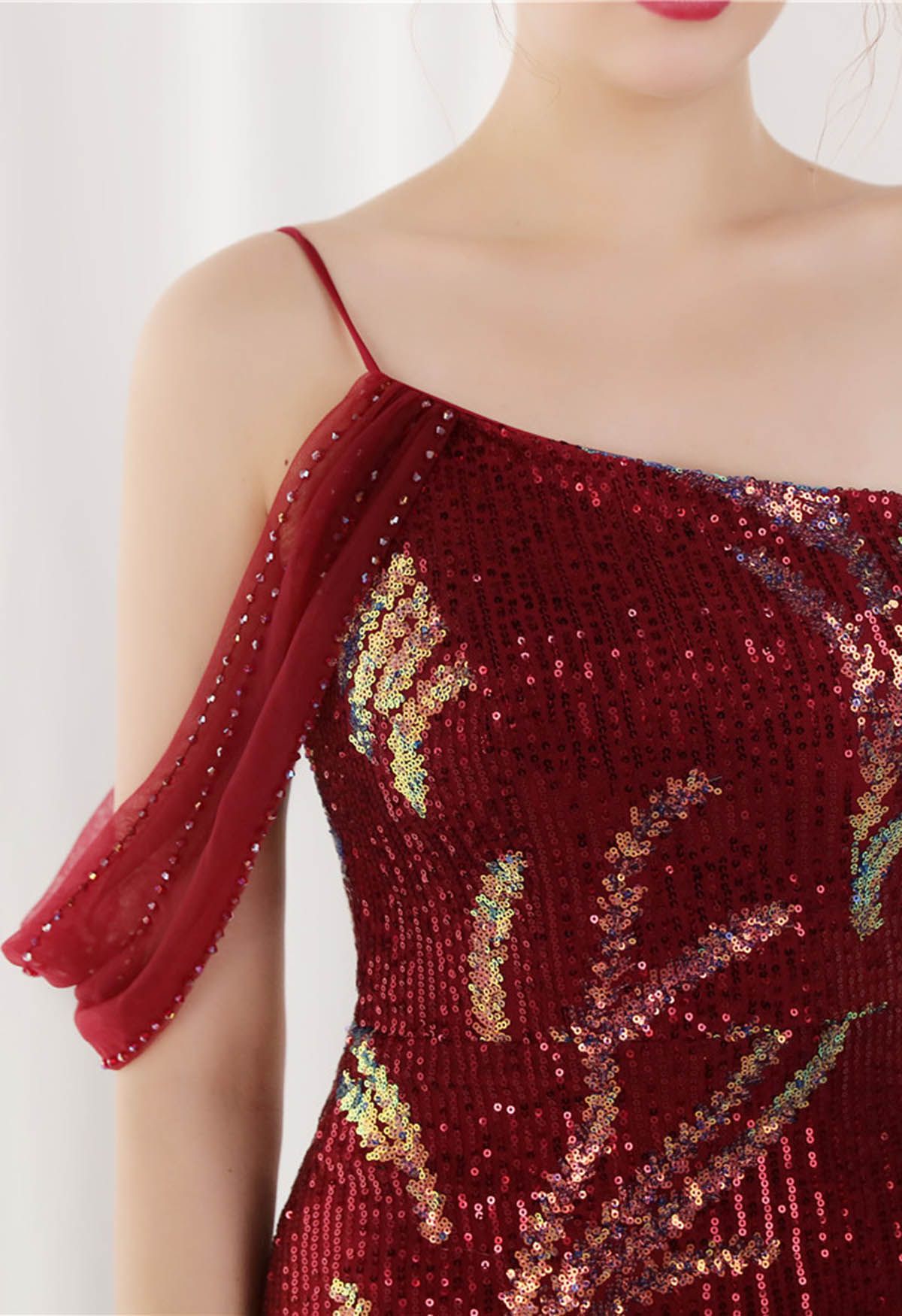 One-Shoulder Front Slit Sequined Maxi Gown in Burgundy