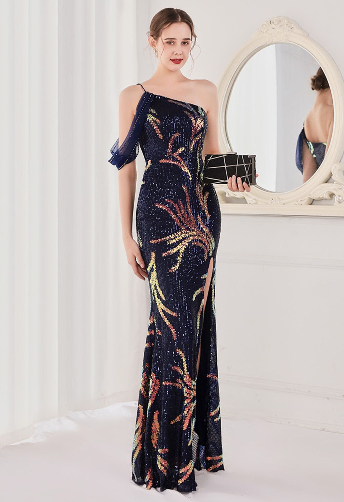 One-Shoulder Front Slit Sequined Maxi Gown in Navy