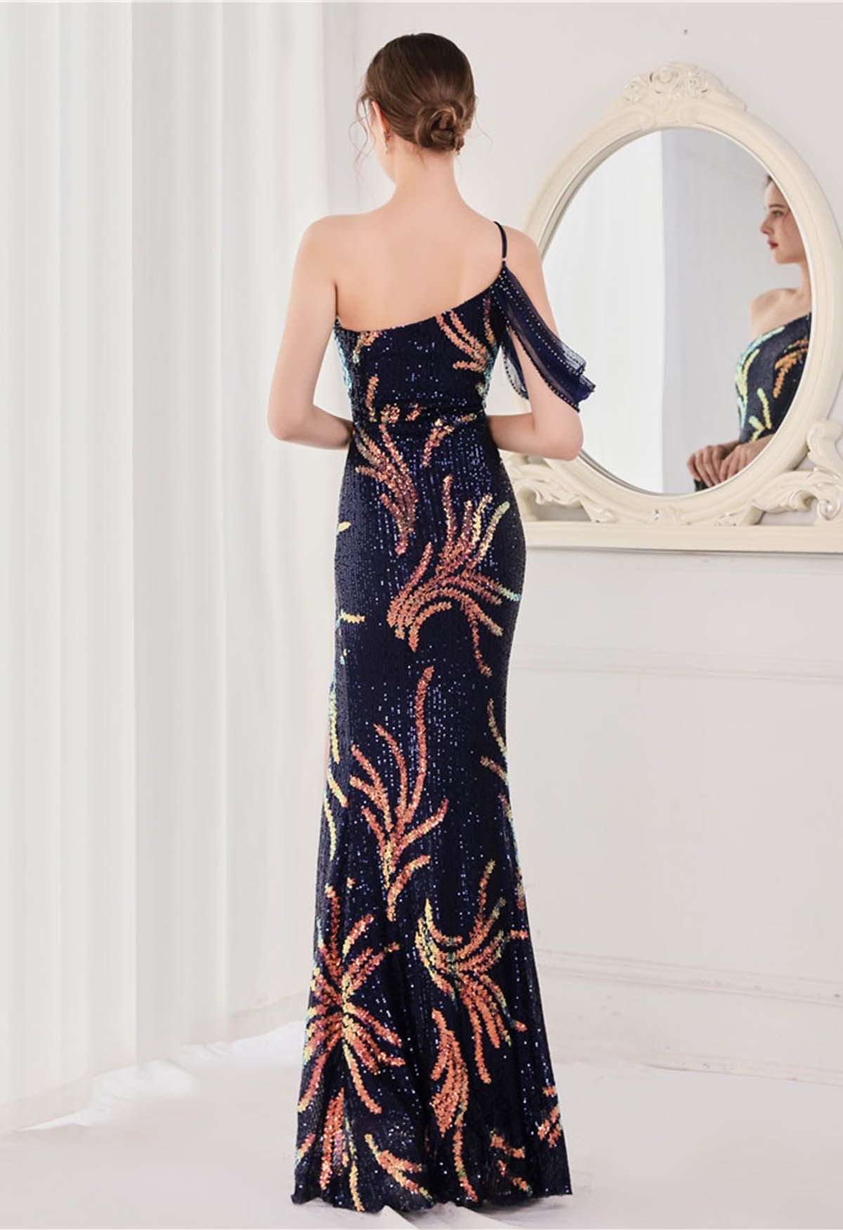 One-Shoulder Front Slit Sequined Maxi Gown in Navy