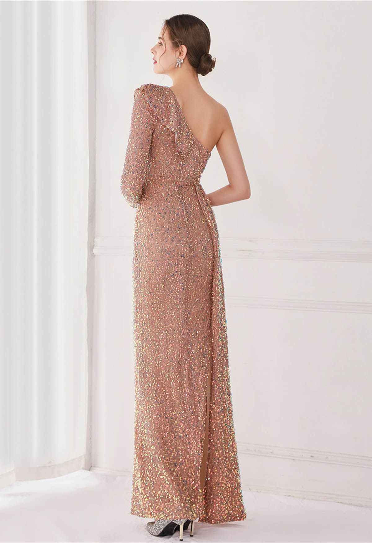 One-Shoulder Sequined Ruffle Slit Maxi Gown in Champagne