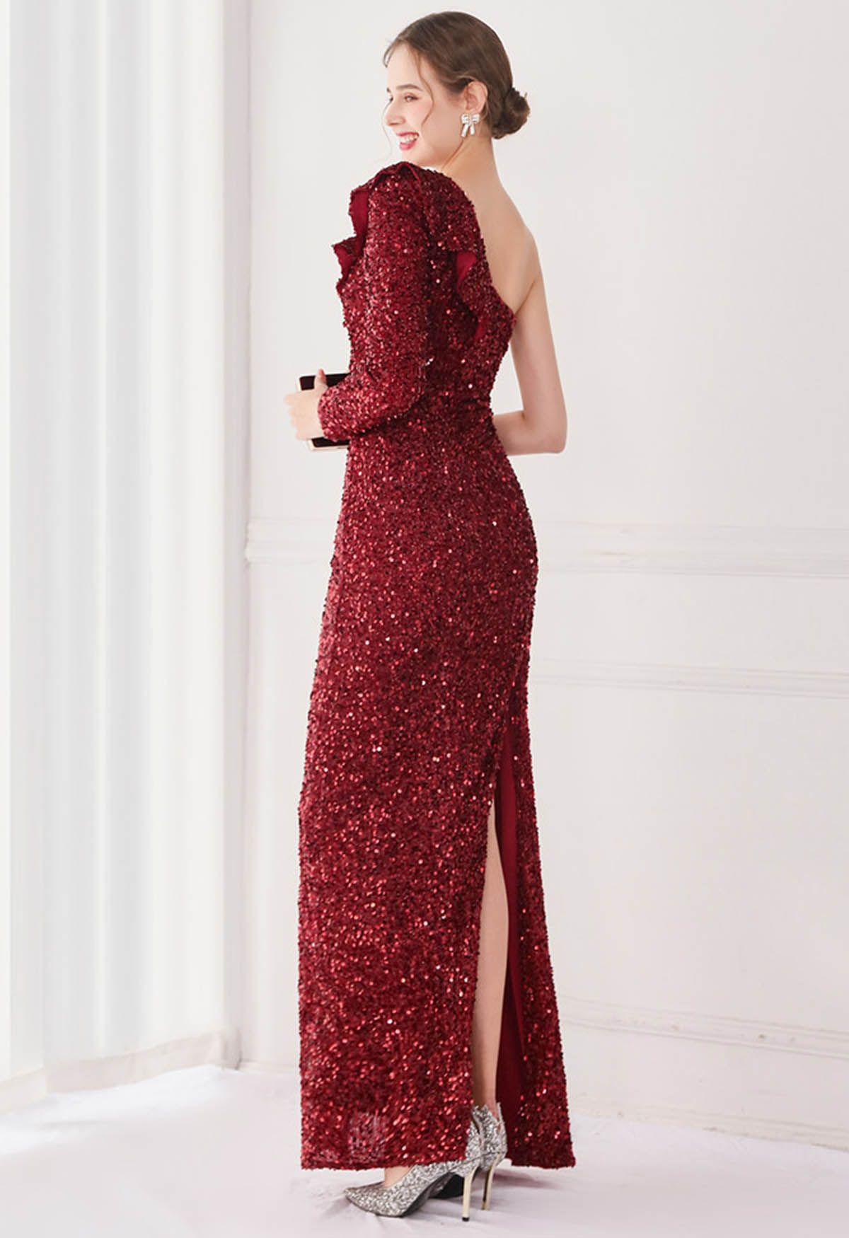 One-Shoulder Sequined Ruffle Slit Maxi Gown in Burgundy