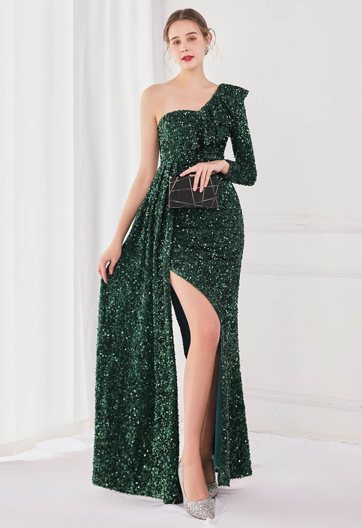 One-Shoulder Sequined Ruffle Slit Maxi Gown in Dark Green - Retro, Indie  and Unique Fashion