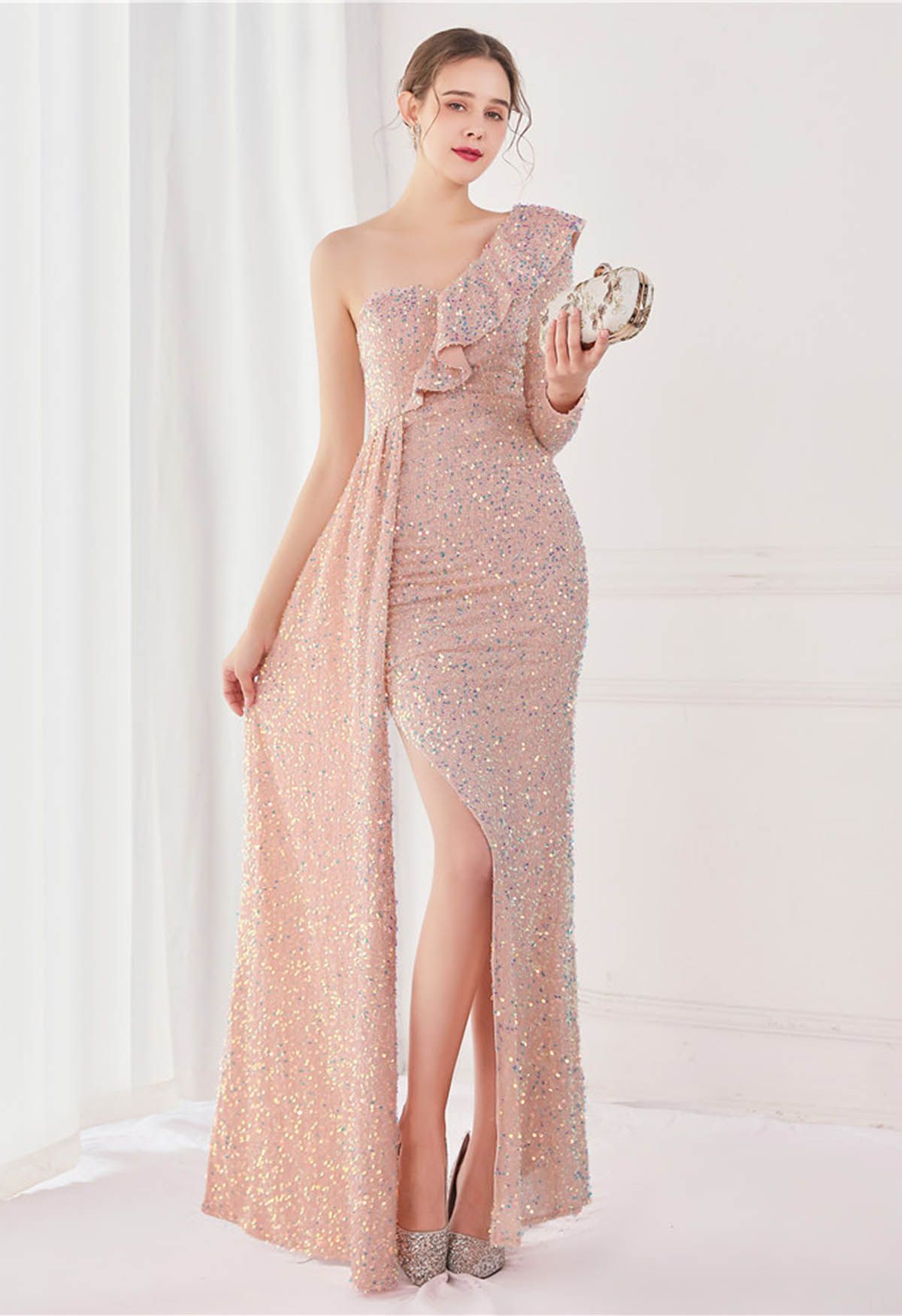 One-Shoulder Sequined Ruffle Slit Maxi Gown in Pink