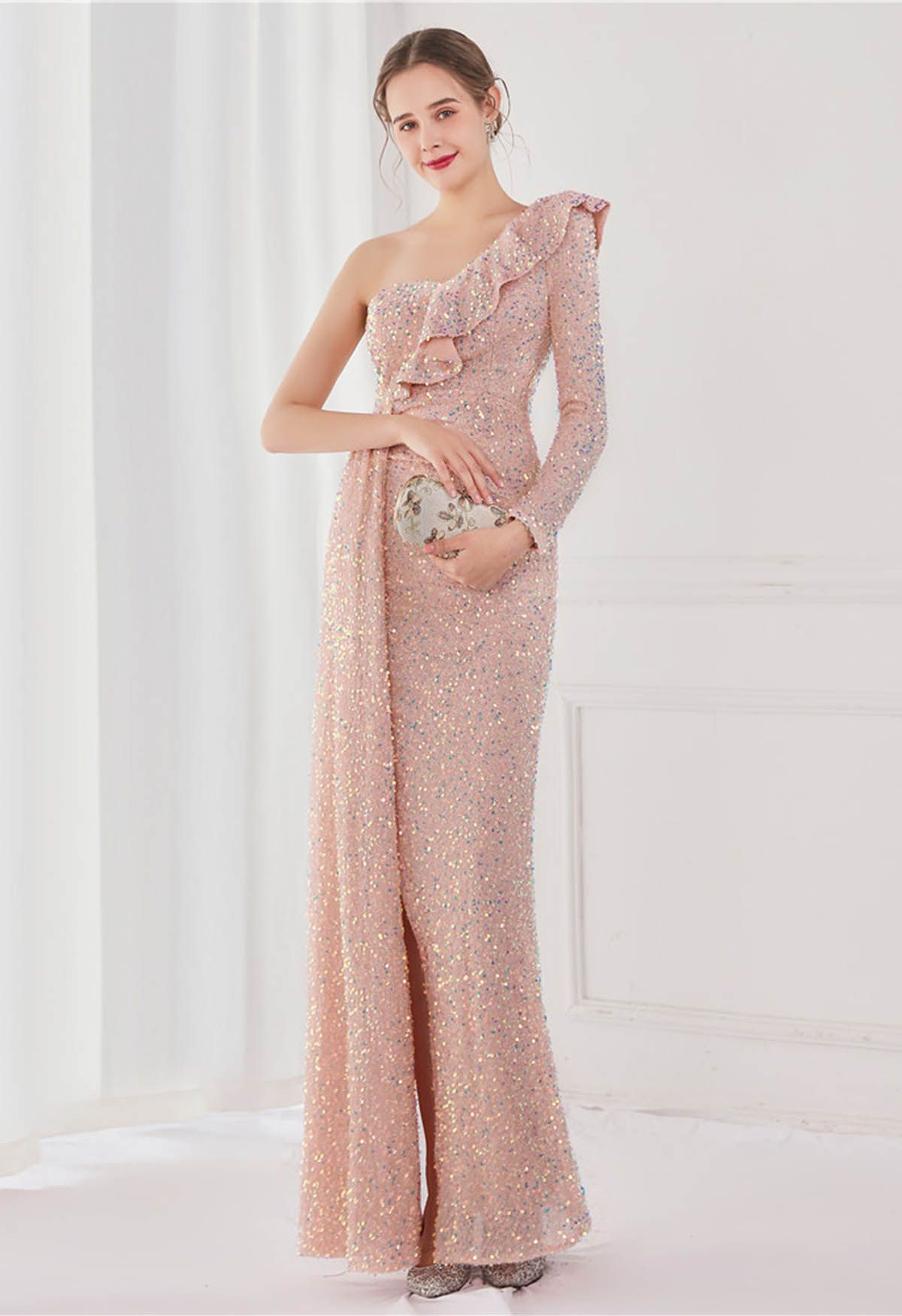 One-Shoulder Sequined Ruffle Slit Maxi Gown in Pink